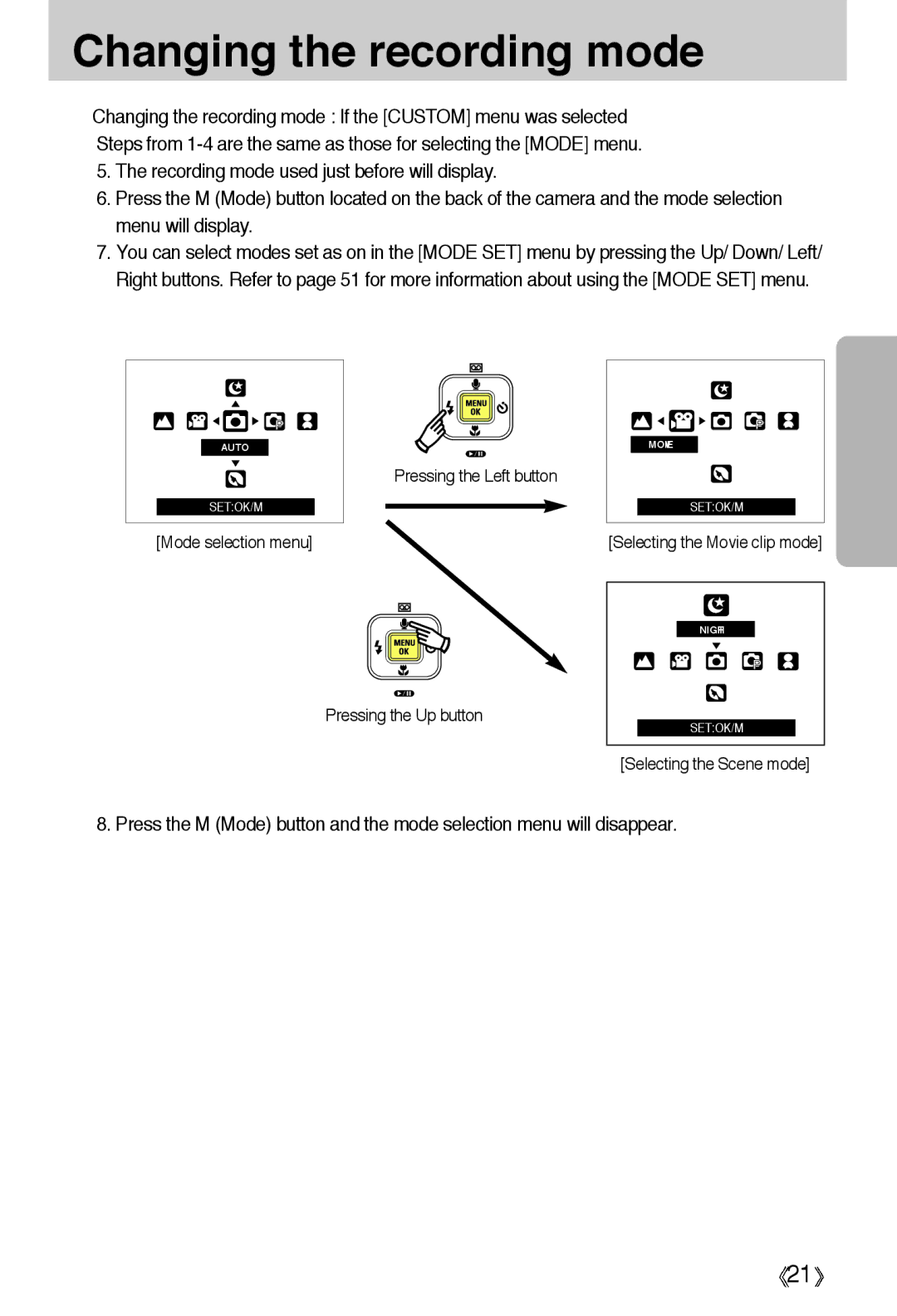 Samsung EC-A55WZBBA/E1, EC-A55WZSBB/E1, EC-A55WZSBA/US, EC-A55WZSBA/E1 manual Mode selection menu Pressing the Left button 