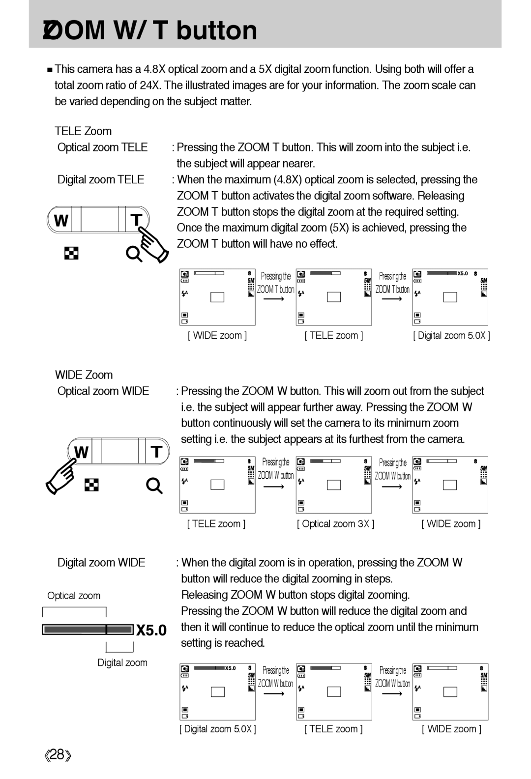 Samsung EC-A55WZSBA/E1, EC-A55WZSBB/E1, EC-A55WZBBA/E1, EC-A55WZSBA/US, EC-A55WZSAA manual Zoom W/ T button 