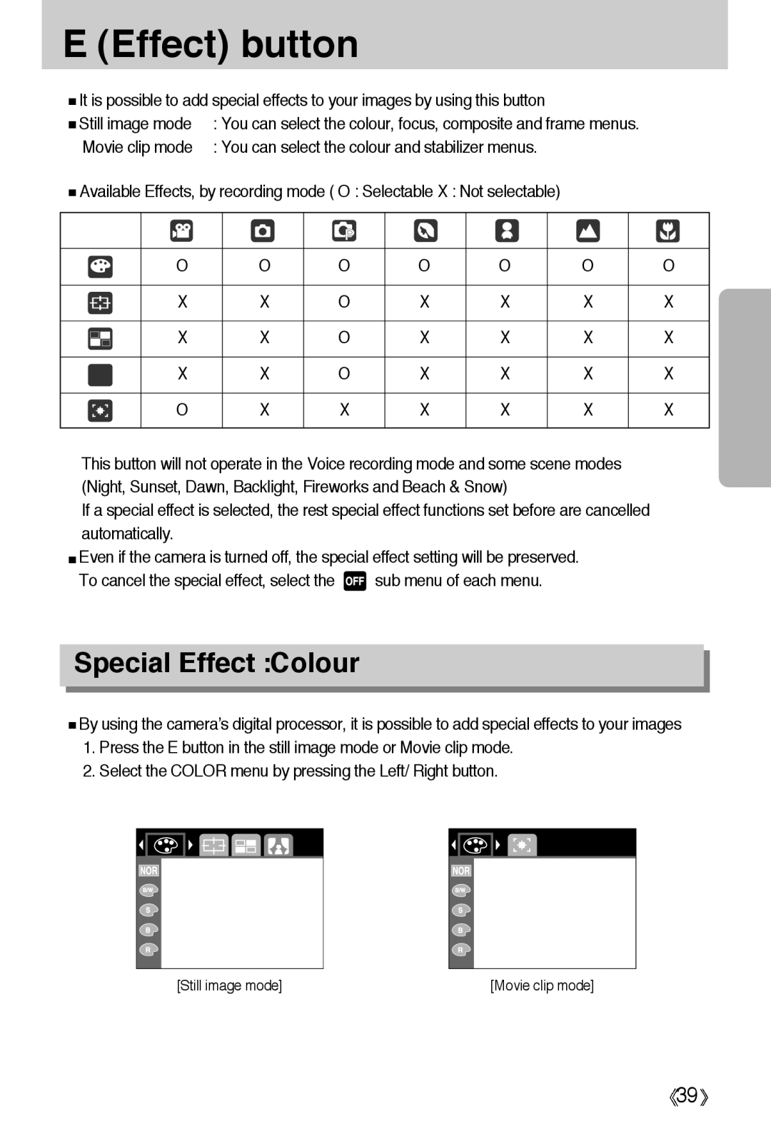 Samsung EC-A55WZSAA, EC-A55WZSBB/E1 Effect button, Special Effect Colour, You can select the colour and stabilizer menus 