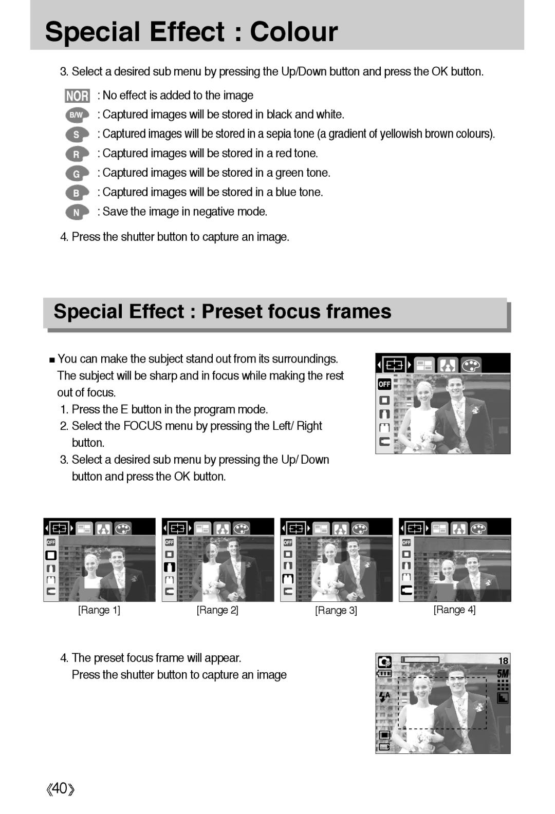 Samsung EC-A55WZSBB/E1, EC-A55WZBBA/E1, EC-A55WZSBA/US manual Special Effect Colour, Special Effect Preset focus frames 