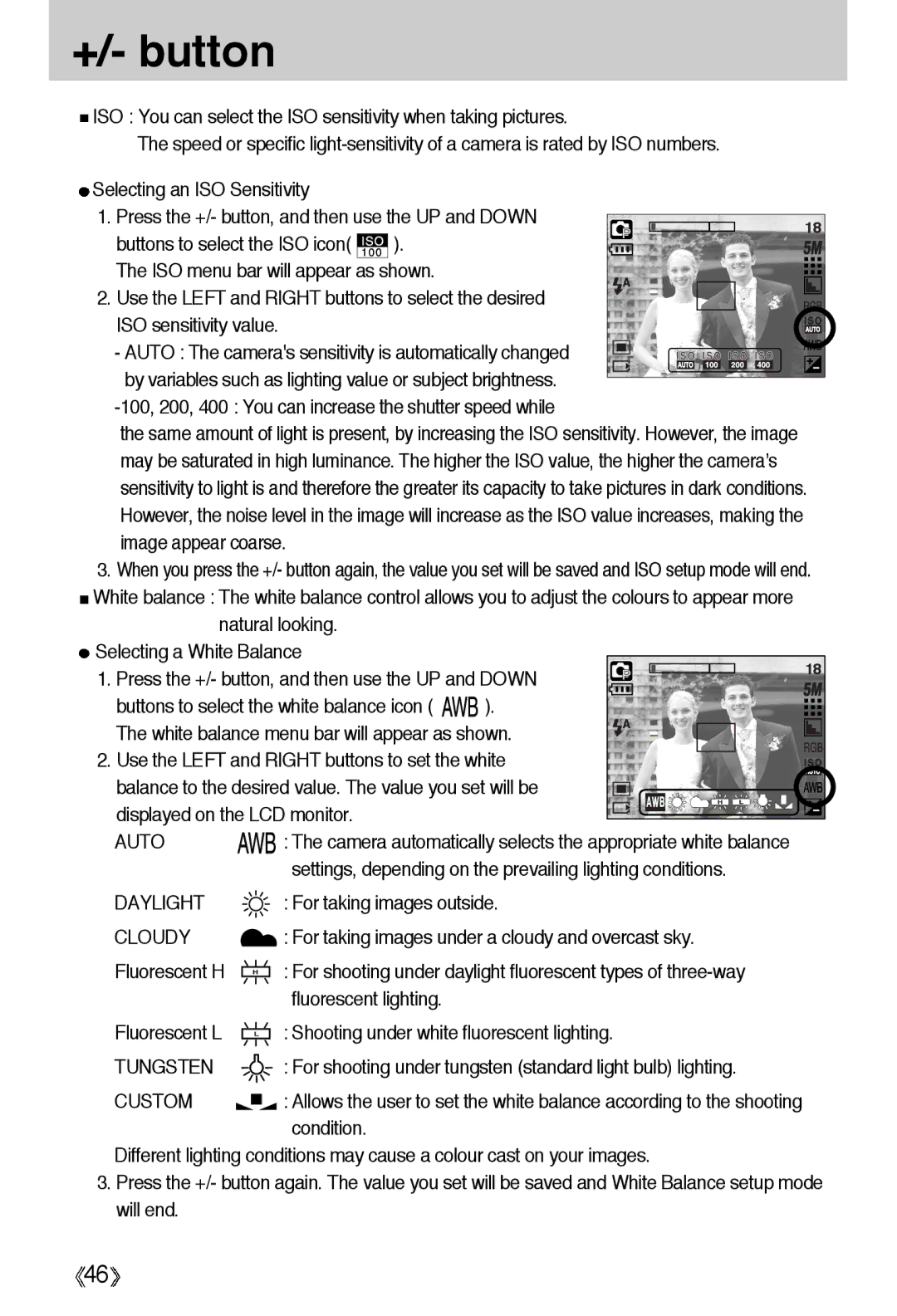 Samsung EC-A55WZBBA/E1, EC-A55WZSBB/E1, EC-A55WZSBA/US, EC-A55WZSBA/E1, EC-A55WZSAA manual Auto, Daylight, Cloudy, Tungsten 