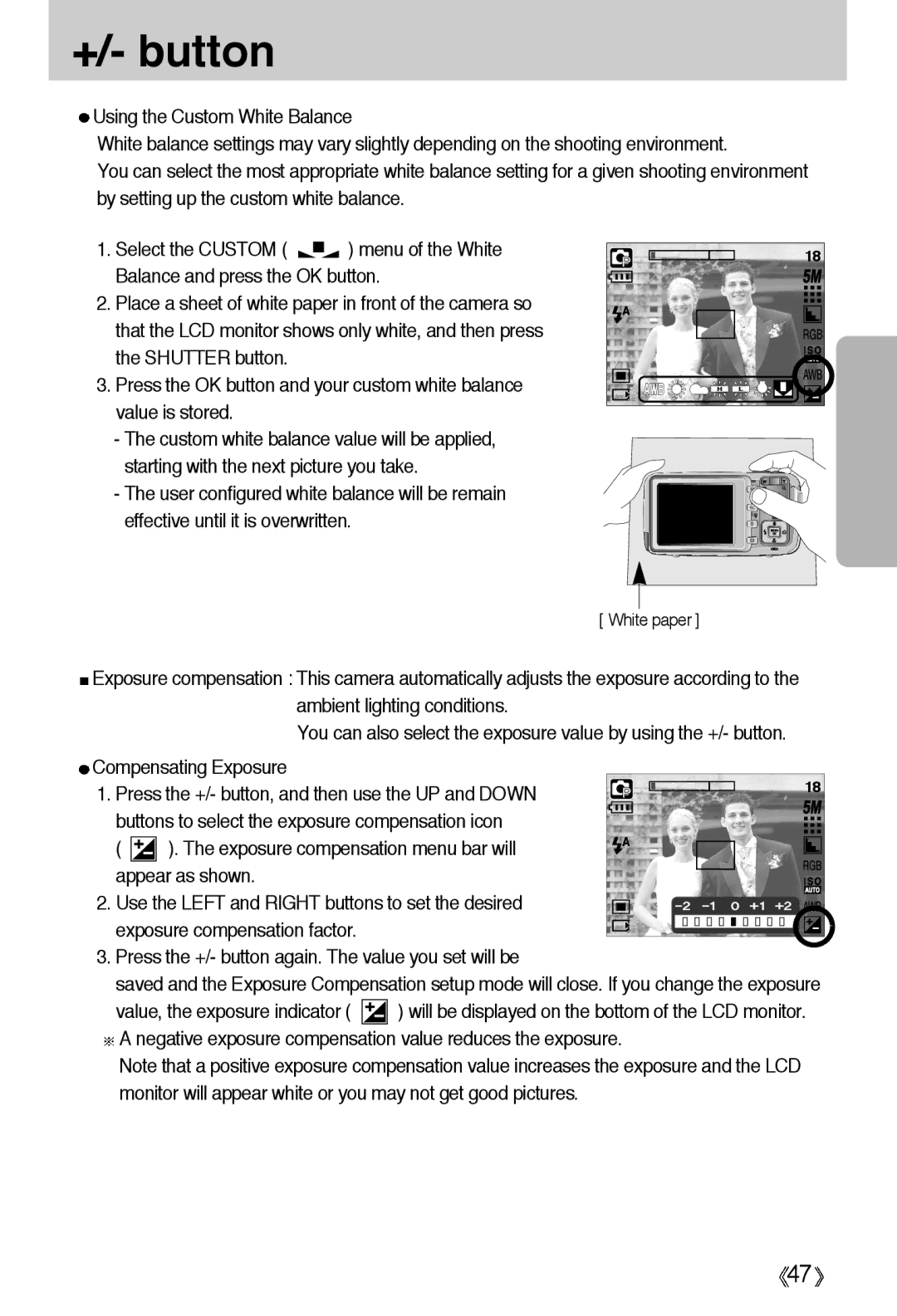 Samsung EC-A55WZSBA/US, EC-A55WZSBB/E1, EC-A55WZBBA/E1 manual Negative exposure compensation value reduces the exposure 