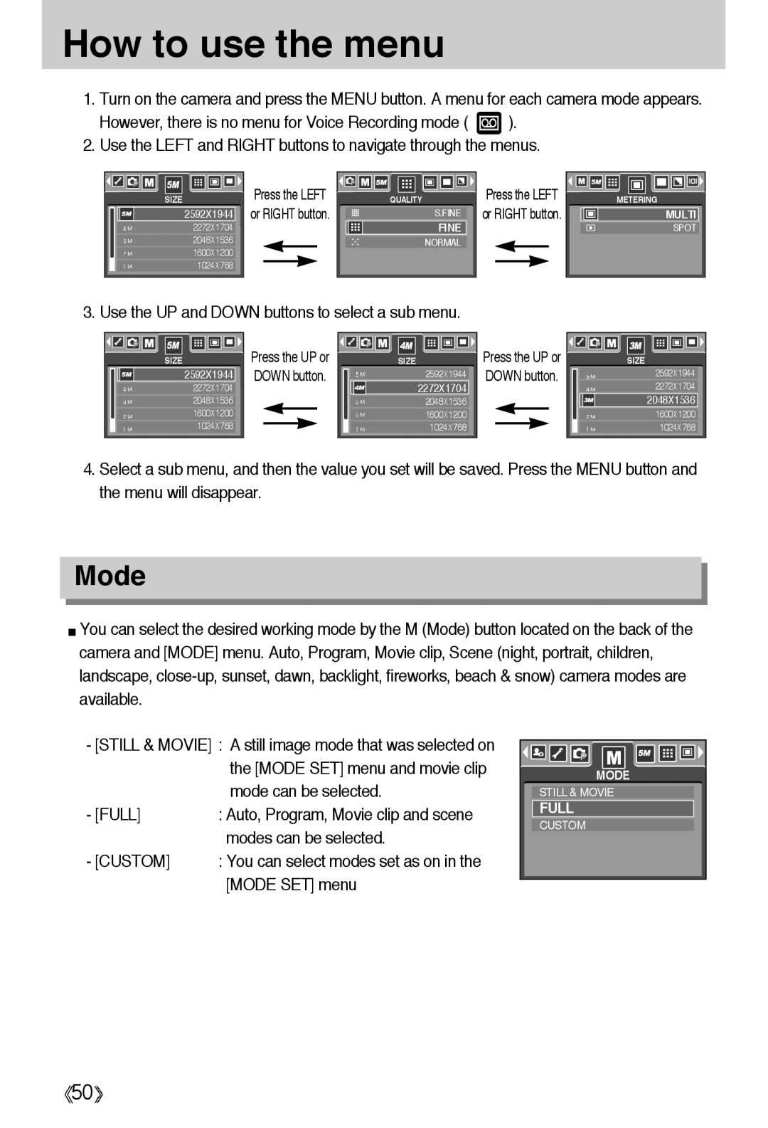 Samsung EC-A55WZSBB/E1 How to use the menu, Use the UP and Down buttons to select a sub menu, Modes can be selected 