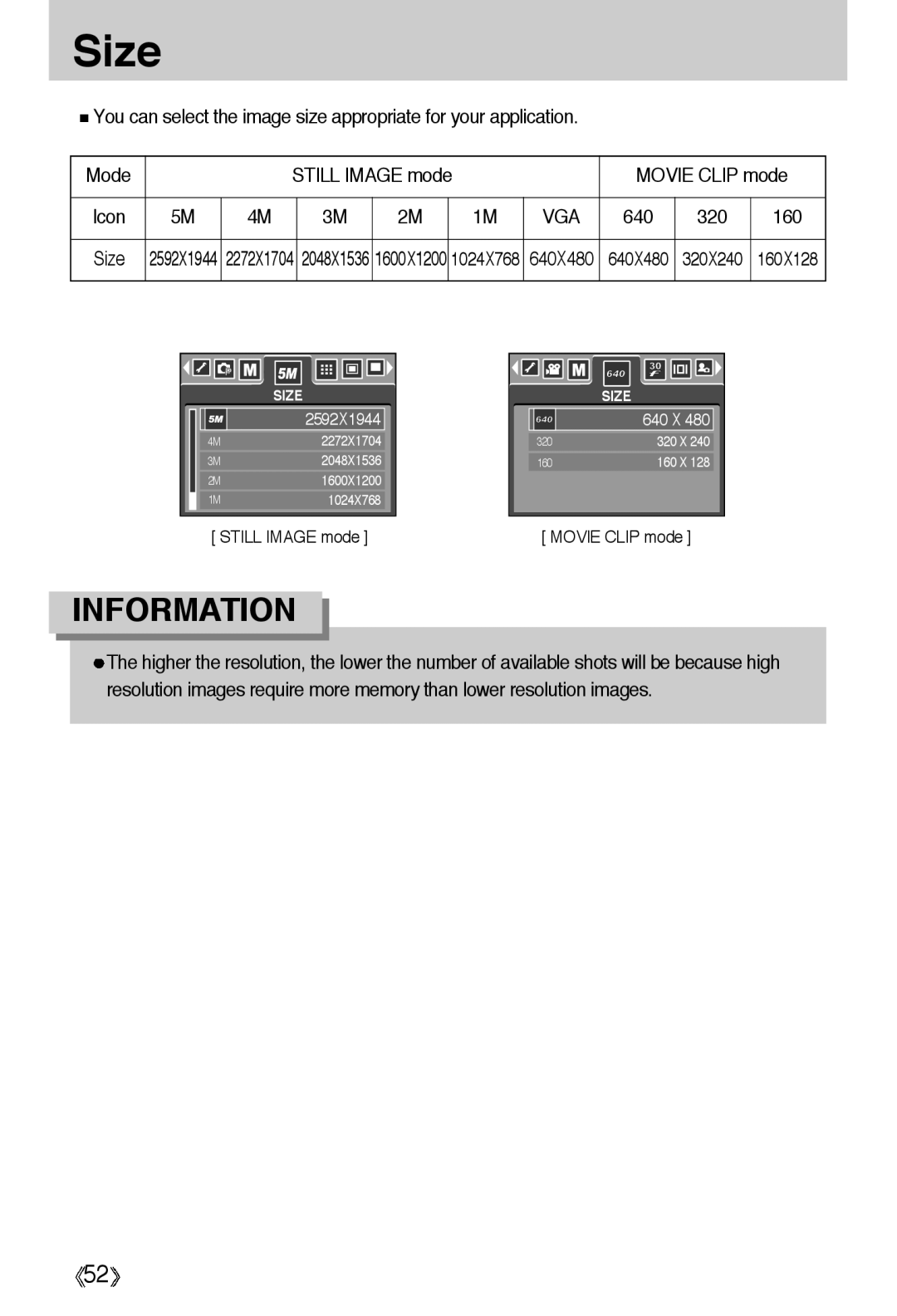 Samsung EC-A55WZSBA/US, EC-A55WZSBB/E1, EC-A55WZBBA/E1, EC-A55WZSBA/E1, EC-A55WZSAA manual Size, 640 320 160 