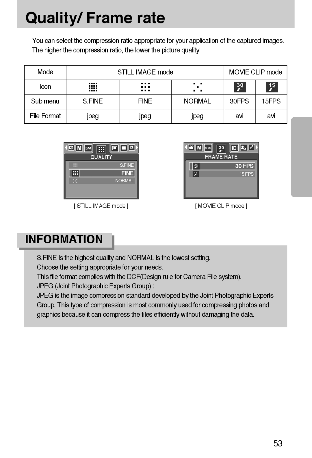 Samsung EC-A55WZSBA/E1, EC-A55WZSBB/E1, EC-A55WZBBA/E1, EC-A55WZSBA/US, EC-A55WZSAA manual Quality/ Frame rate, Avi 