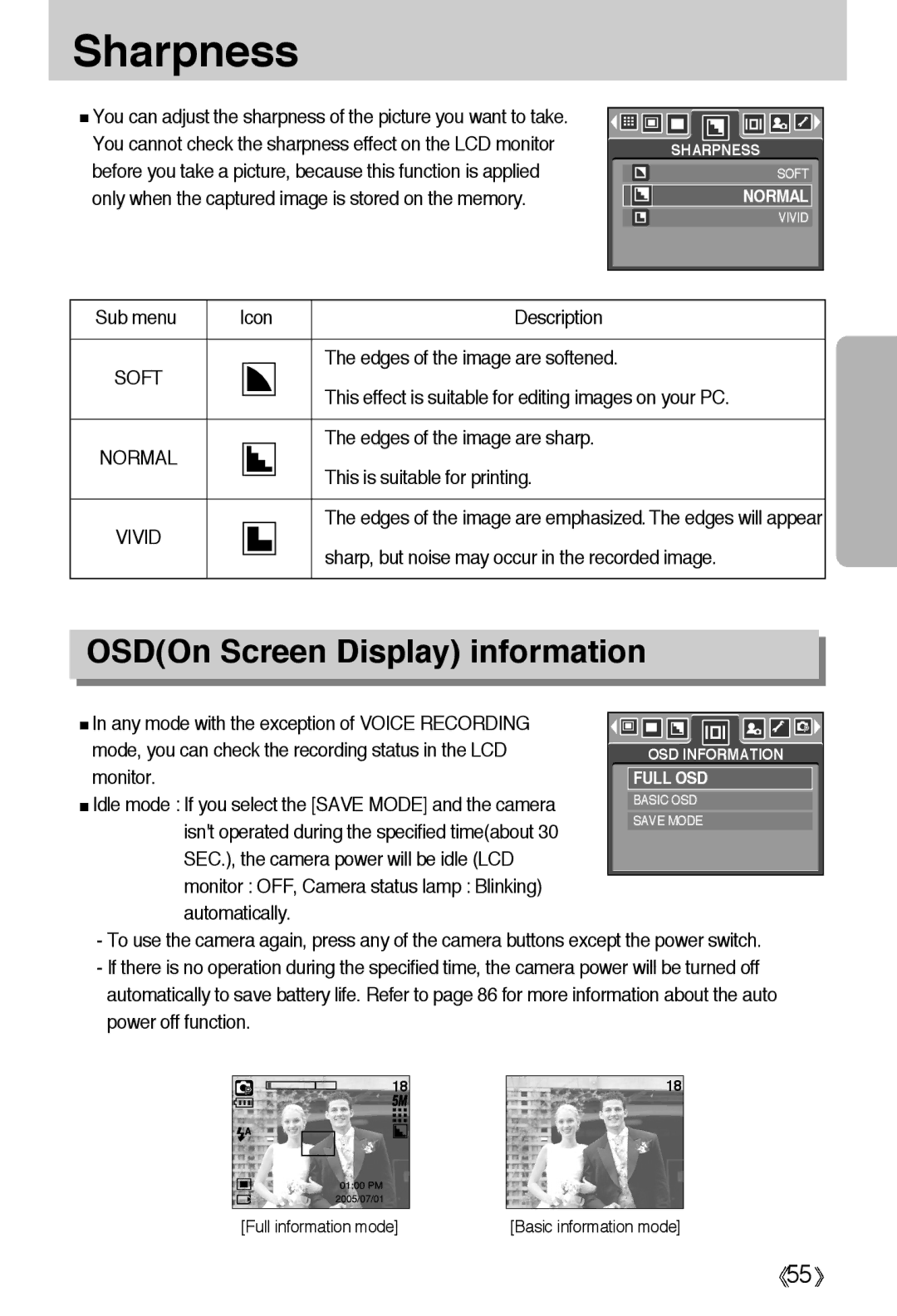 Samsung EC-A55WZSBB/E1, EC-A55WZBBA/E1, EC-A55WZSBA/US, EC-A55WZSAA Sharpness, OSDOn Screen Display information, Soft, Vivid 