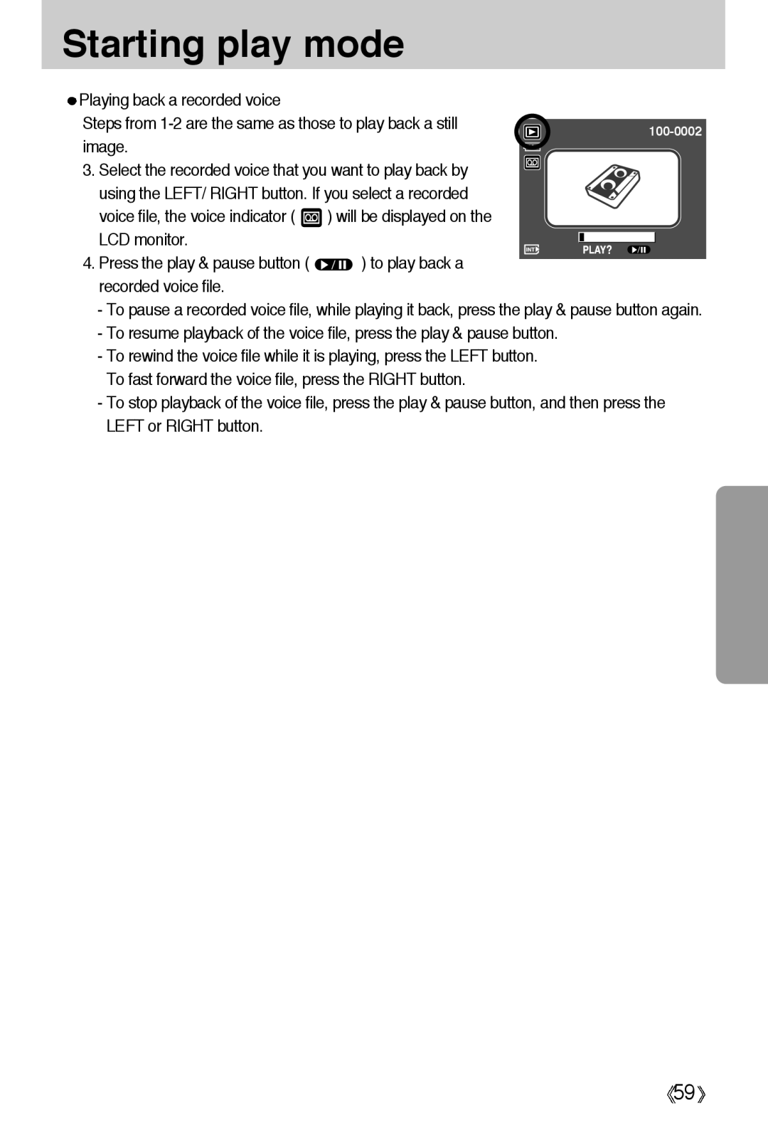 Samsung EC-A55WZSAA, EC-A55WZSBB/E1, EC-A55WZBBA/E1, EC-A55WZSBA/US, EC-A55WZSBA/E1 manual Starting play mode 