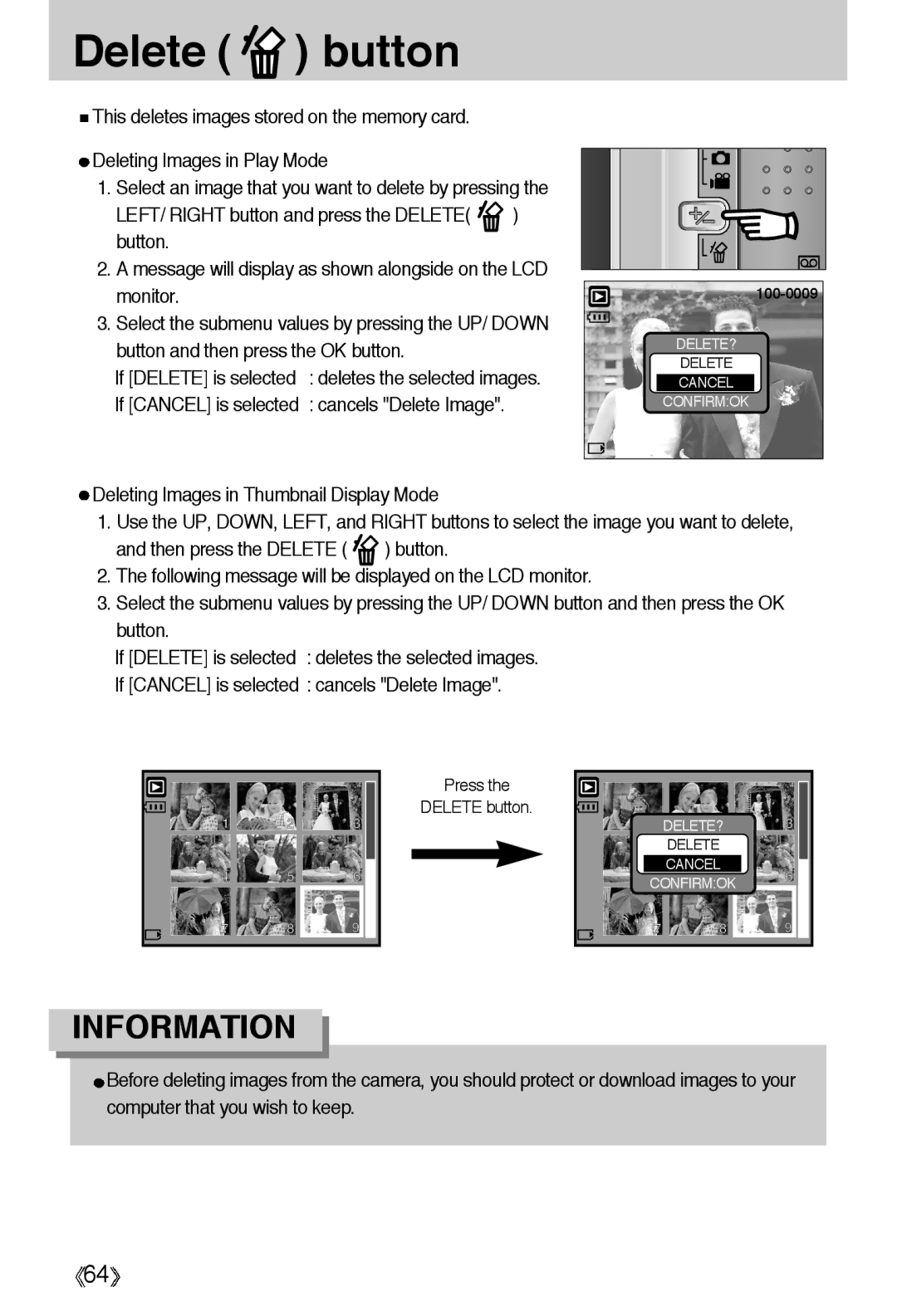 Samsung EC-A55WZSAA, EC-A55WZSBB/E1, EC-A55WZBBA/E1, EC-A55WZSBA/US, EC-A55WZSBA/E1 manual Delete button 