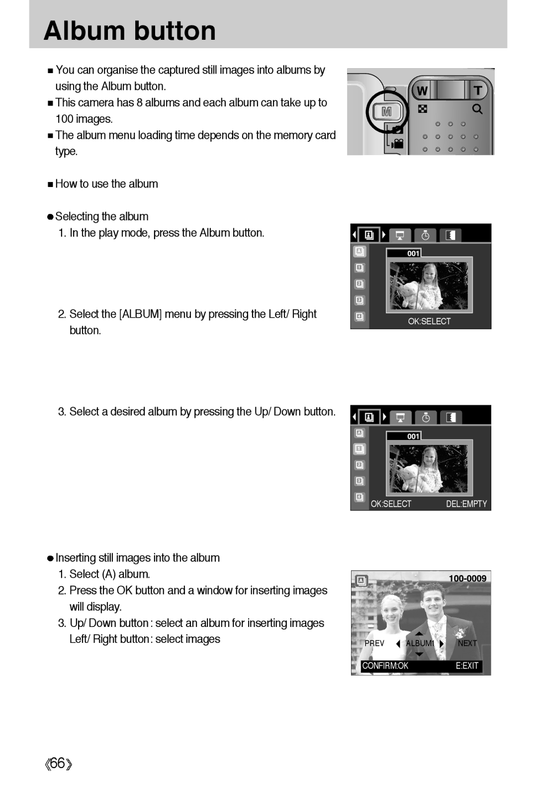 Samsung EC-A55WZBBA/E1, EC-A55WZSBB/E1, EC-A55WZSBA/US Album button, Inserting still images into the album Select a album 