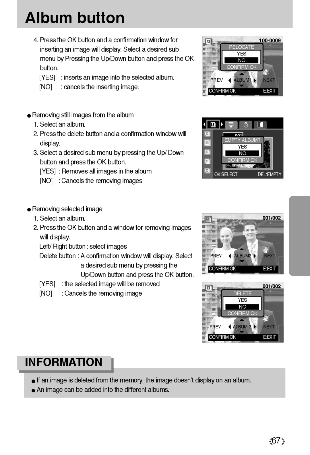 Samsung EC-A55WZSBA/US, EC-A55WZSBB/E1, EC-A55WZBBA/E1 manual Yes, Cancels the inserting image, Cancels the removing image 