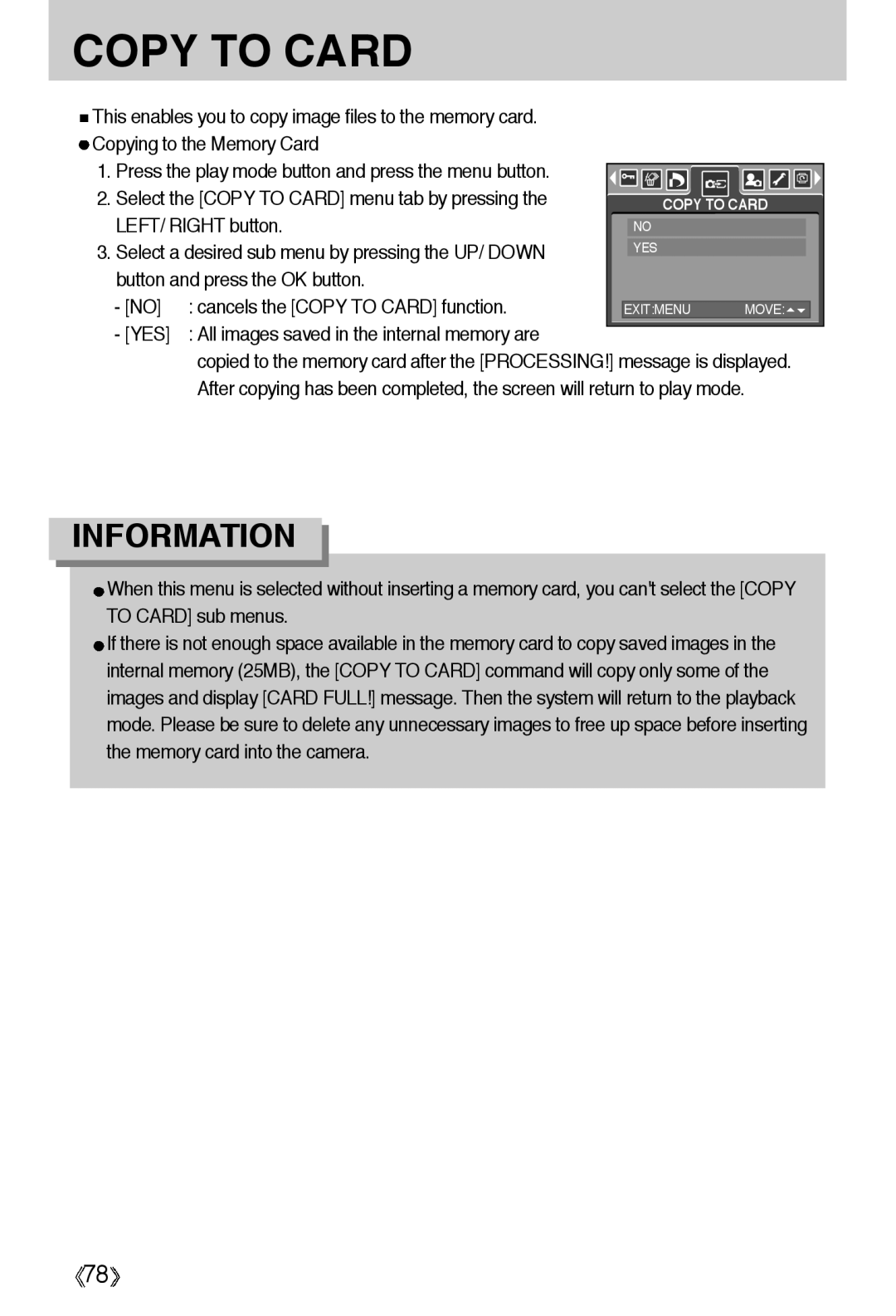 Samsung EC-A55WZSBA/E1 manual Select the Copy to Card menu tab by pressing, YES All images saved in the internal memory are 