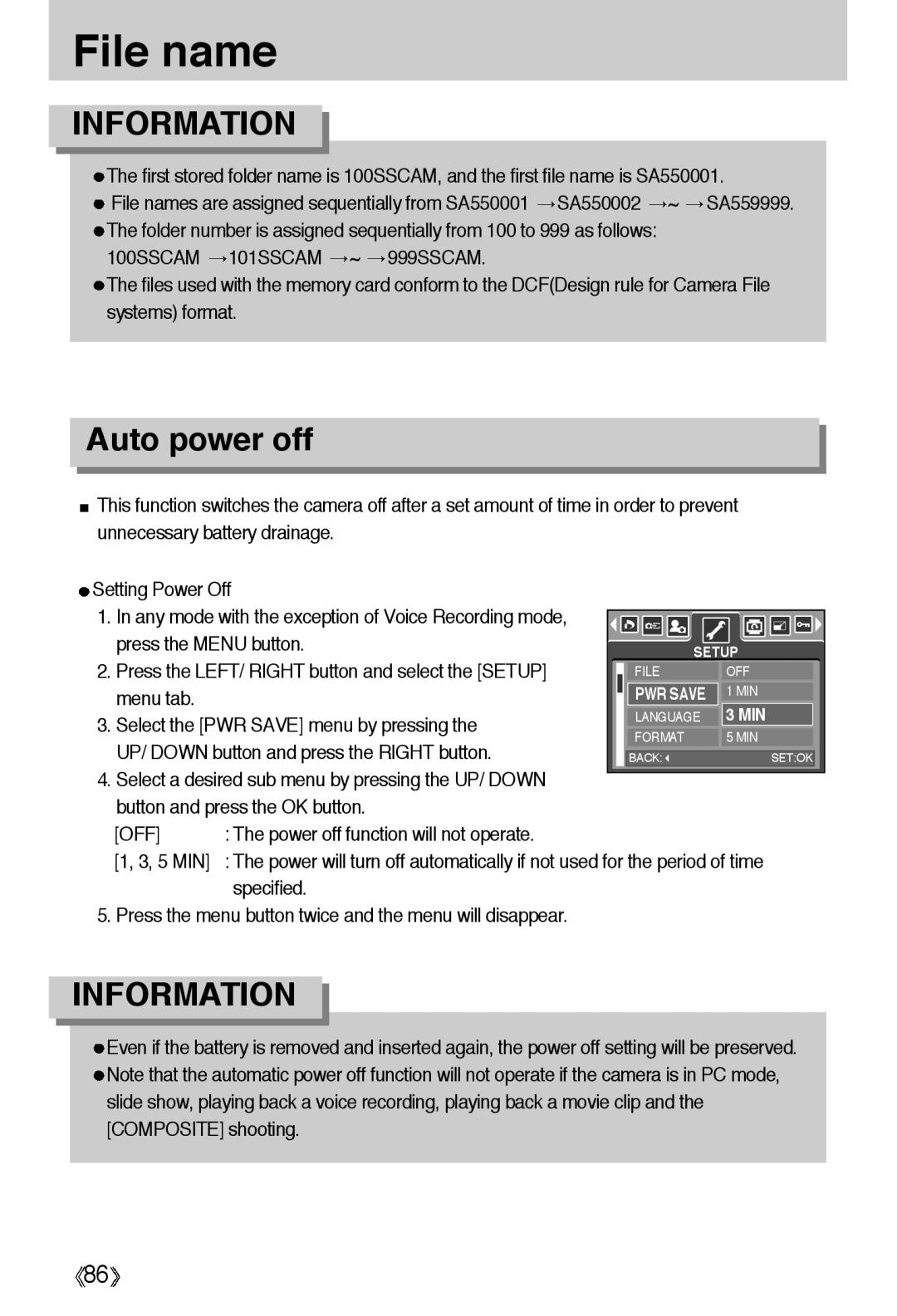 Samsung EC-A55WZBBA/E1, EC-A55WZSBB/E1 File name, Auto power off, Power off function will not operate, 5 MIN, Specified 