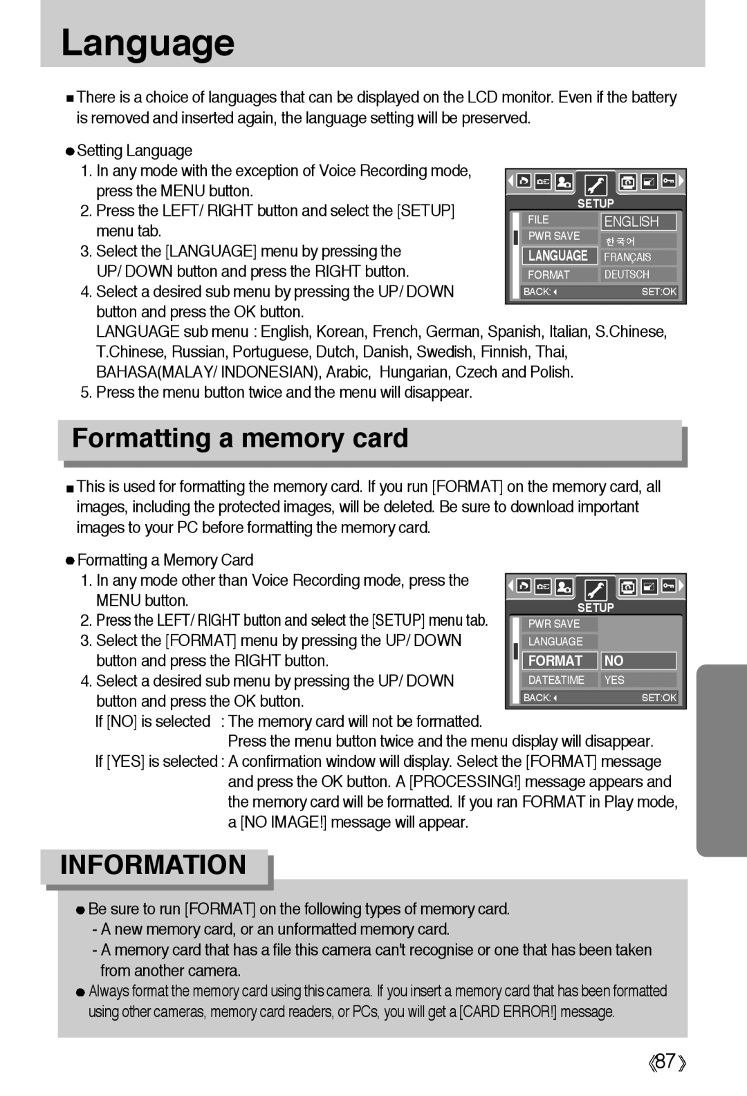 Samsung EC-A55WZSBA/US, EC-A55WZSBB/E1, EC-A55WZBBA/E1, EC-A55WZSBA/E1, EC-A55WZSAA manual Language, Formatting a memory card 