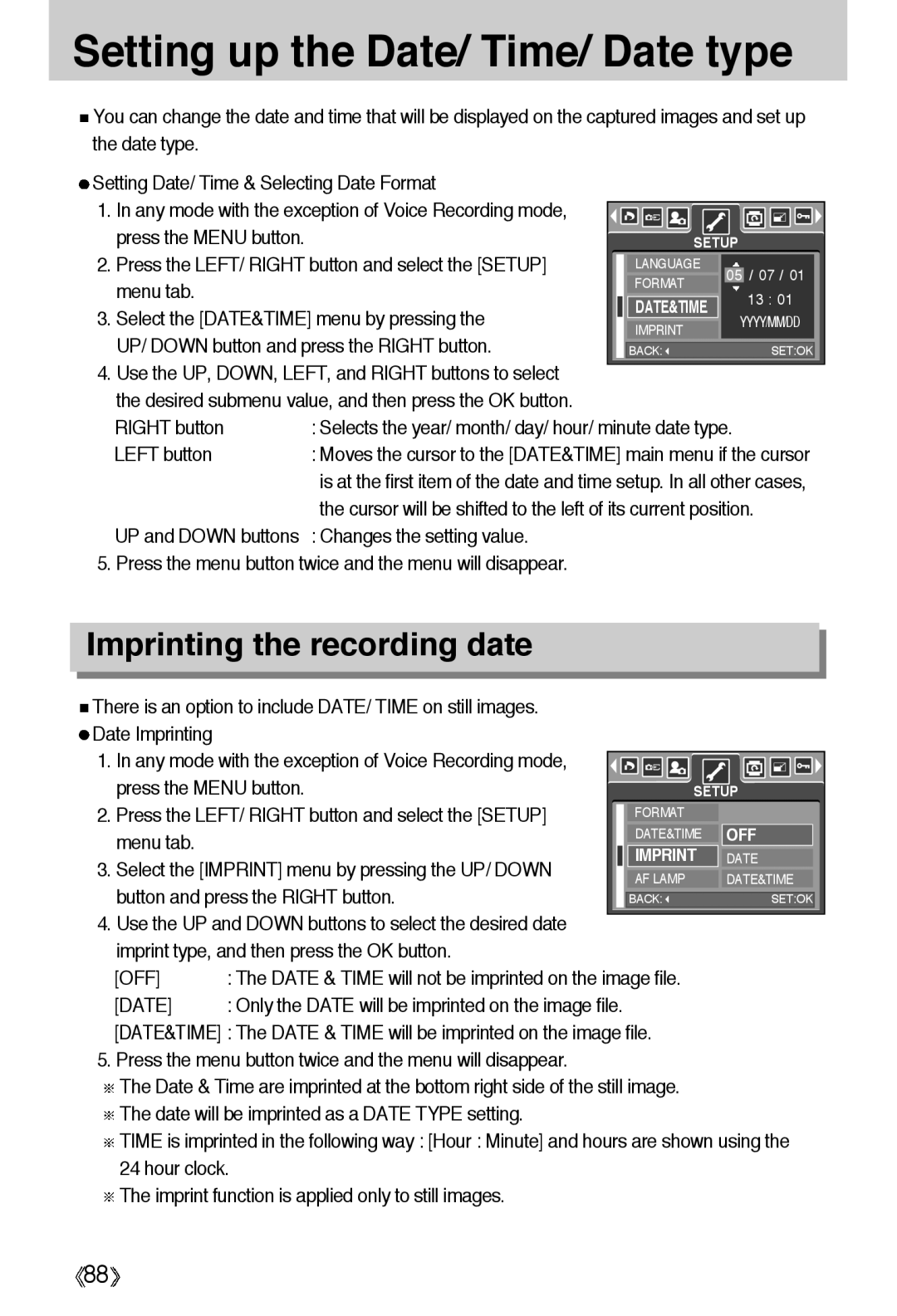 Samsung EC-A55WZSBA/E1, EC-A55WZSBB/E1, EC-A55WZBBA/E1 Setting up the Date/ Time/ Date type, Imprinting the recording date 