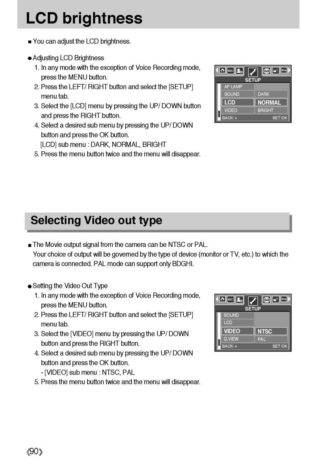 Samsung EC-A55WZSBB/E1, EC-A55WZBBA/E1, EC-A55WZSBA/US, EC-A55WZSBA/E1, EC-A55WZSAA LCD brightness, Selecting Video out type 