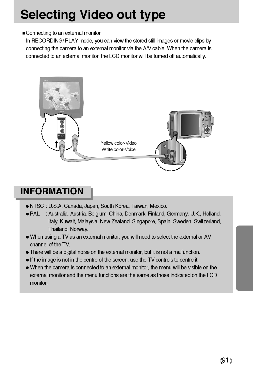 Samsung EC-A55WZBBA/E1, EC-A55WZSBB/E1, EC-A55WZSBA/US manual Selecting Video out type, Connecting to an external monitor 