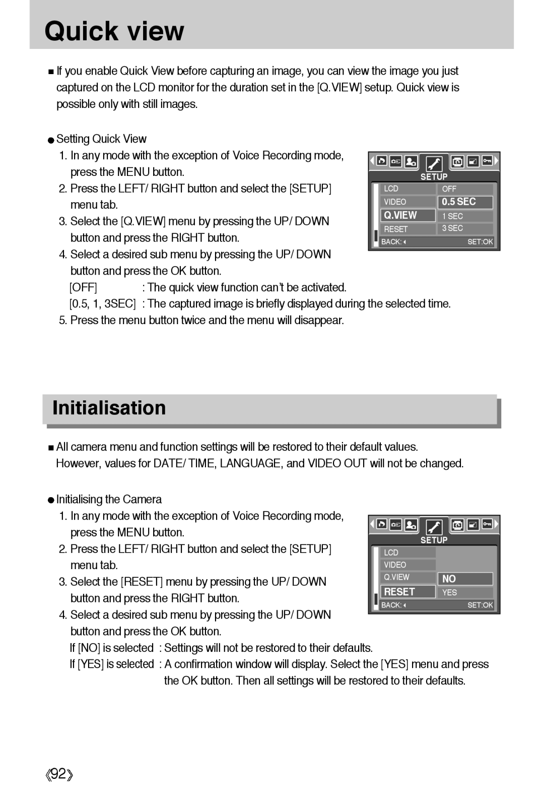 Samsung EC-A55WZSBA/US Quick view, Initialisation, Initialising the Camera, Select the Reset menu by pressing the UP/ Down 