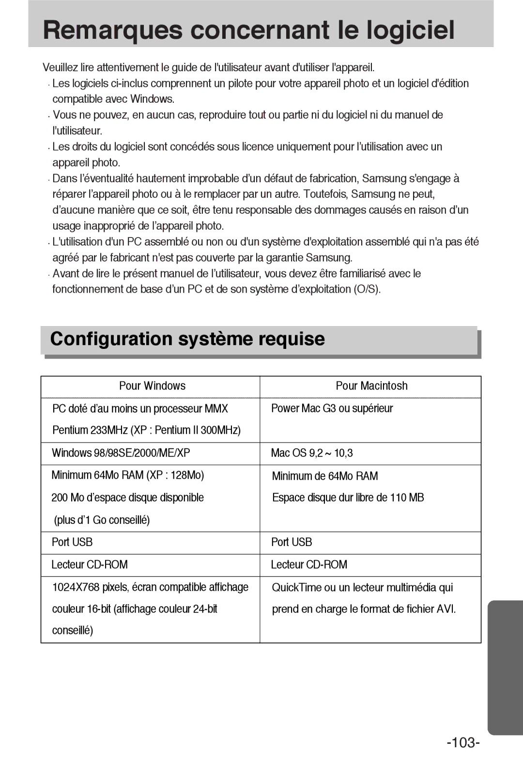 Samsung EC-A55WZBBA/E1, EC-A55WZSBB/E1 manual Remarques concernant le logiciel, Configuration système requise, Conseillé 