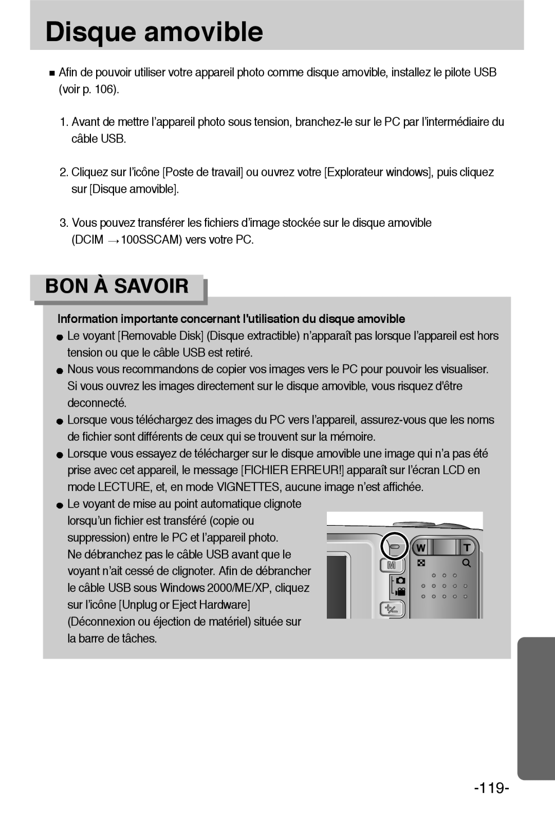 Samsung EC-A55WZBBA/E1 manual Disque amovible, Le voyant de mise au point automatique clignote, La barre de tâches 