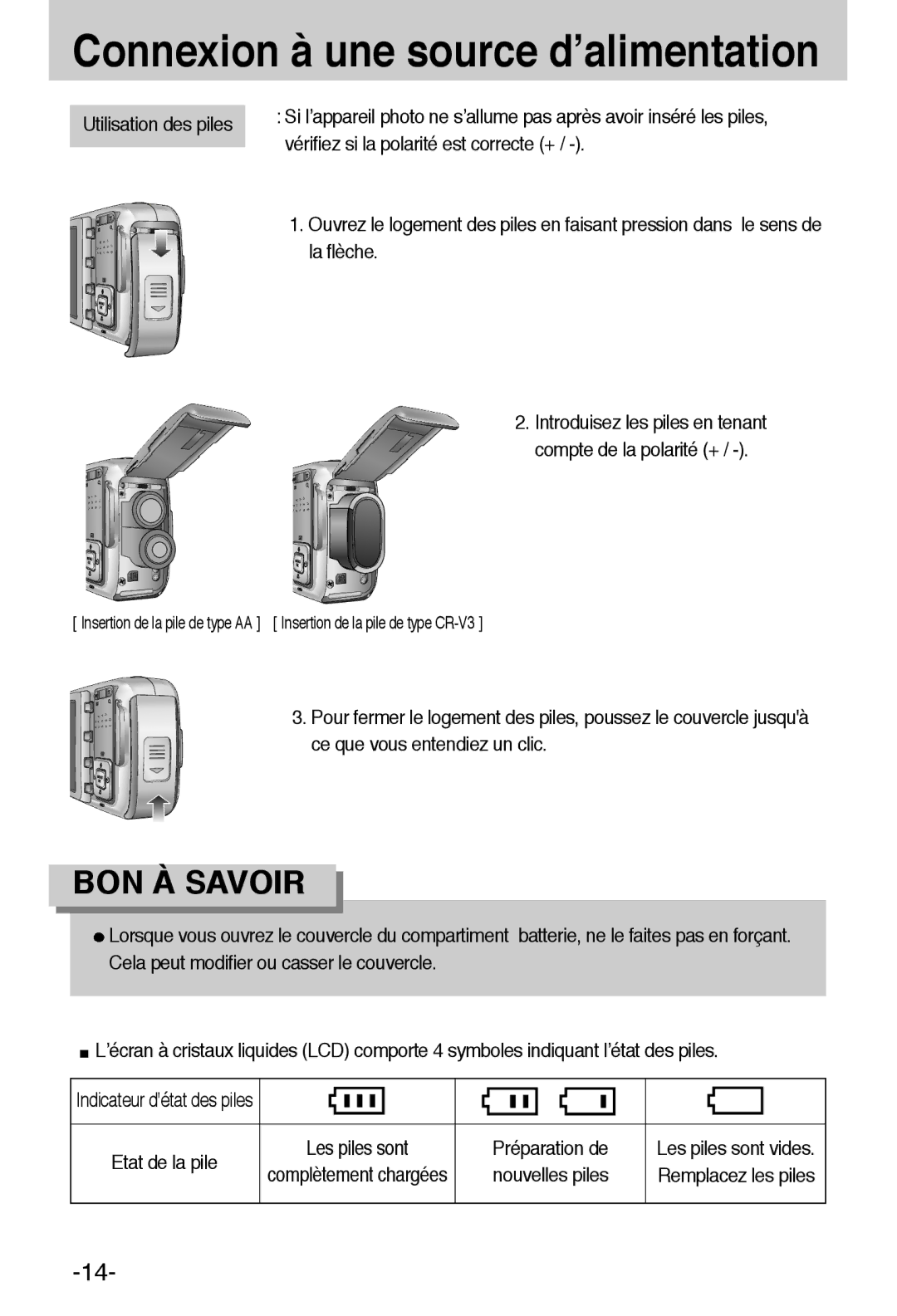 Samsung EC-A55WZSBB/E1, EC-A55WZBBA/E1 manual Vérifiez si la polarité est correcte +, Préparation de, Nouvelles piles 