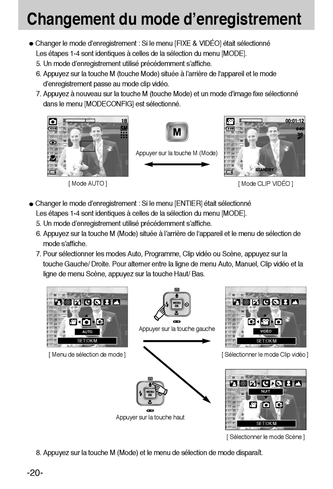 Samsung EC-A55WZSBB/E1, EC-A55WZBBA/E1 manual Changement du mode d’enregistrement 