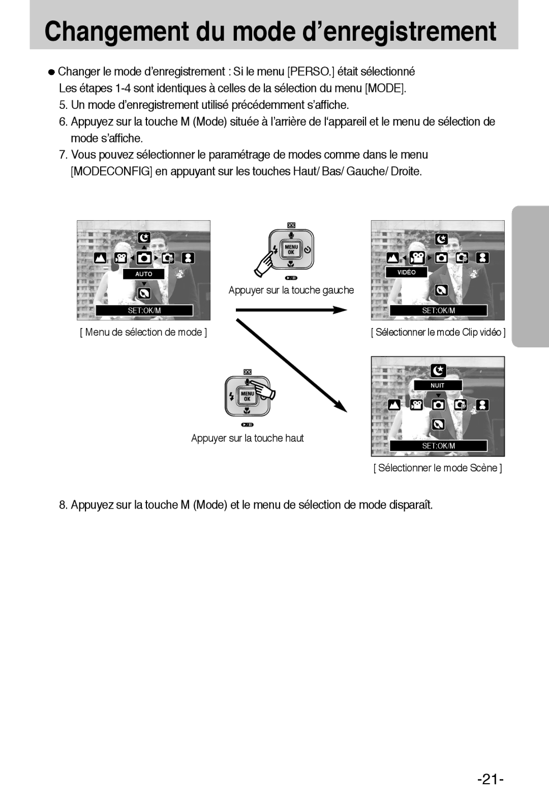 Samsung EC-A55WZBBA/E1, EC-A55WZSBB/E1 manual Appuyer sur la touche gauche 