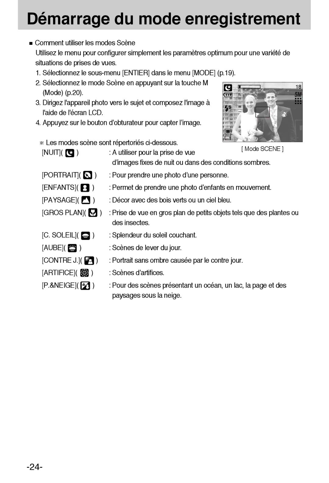 Samsung EC-A55WZSBB/E1, EC-A55WZBBA/E1 manual Aube, Contre J, Neige 