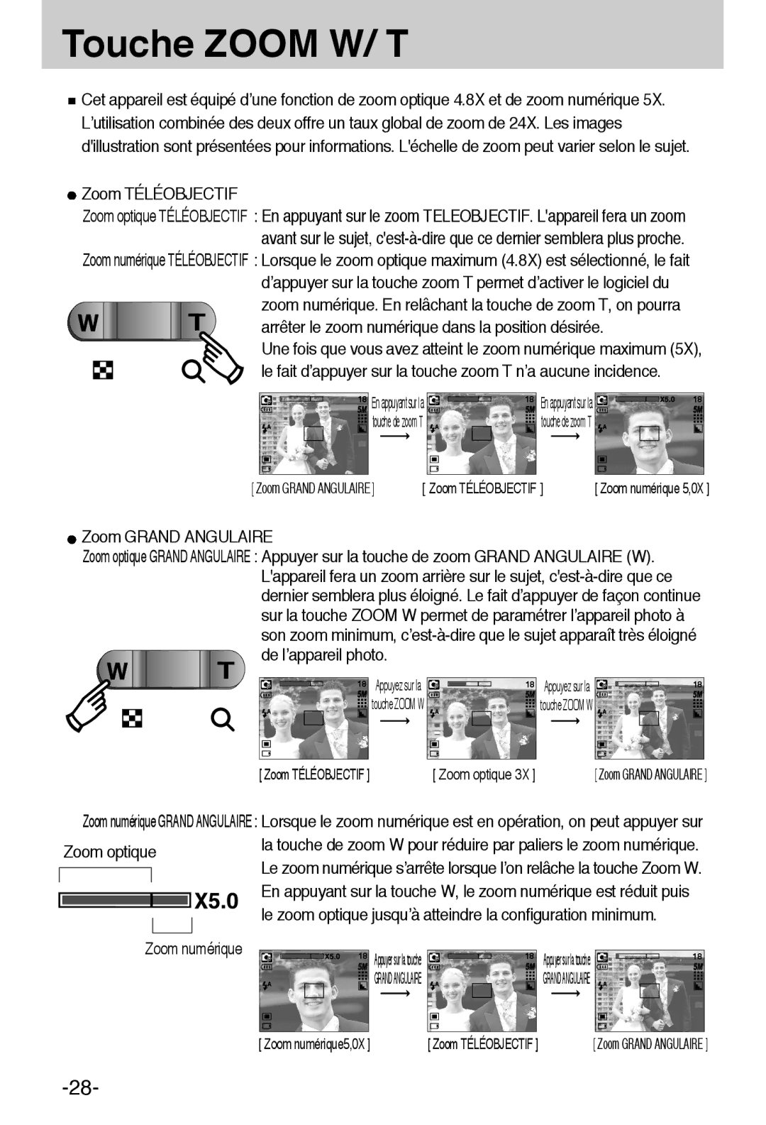 Samsung EC-A55WZSBB/E1 manual Touche Zoom W/ T, Zoom Téléobjectif, Arrêter le zoom numérique dans la position désirée 