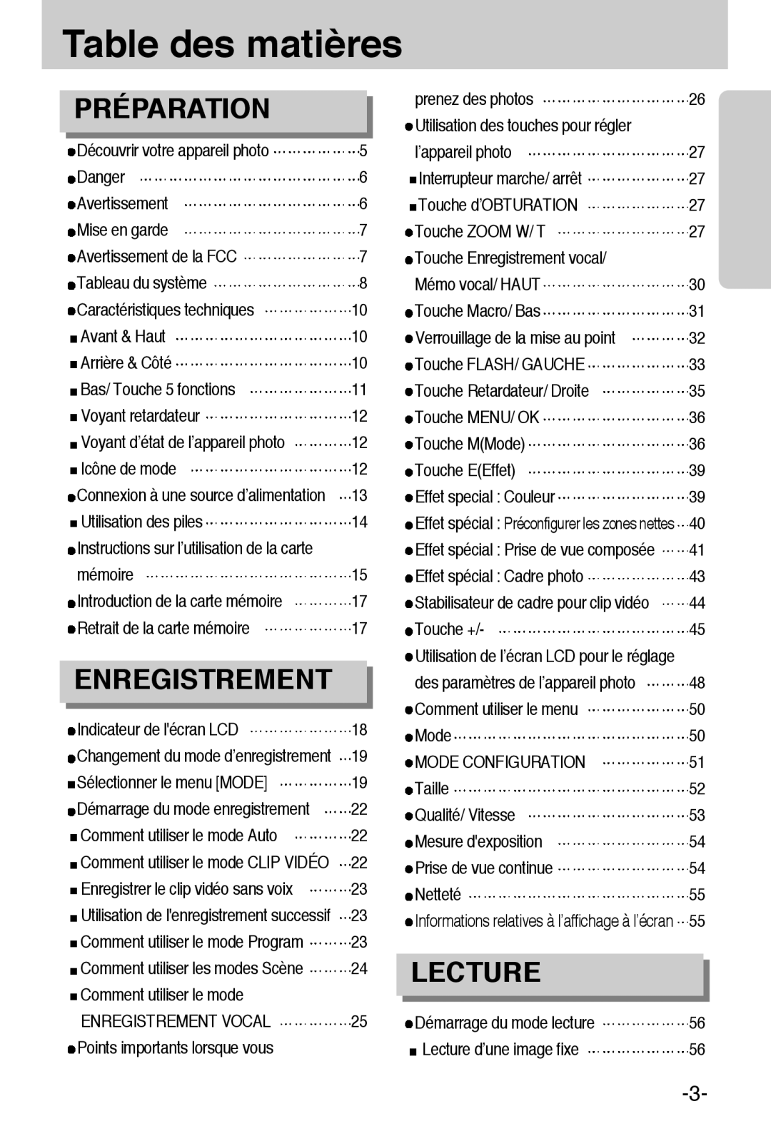 Samsung EC-A55WZBBA/E1, EC-A55WZSBB/E1 manual Table des matières, Mode Configuration, Enregistrement Vocal 