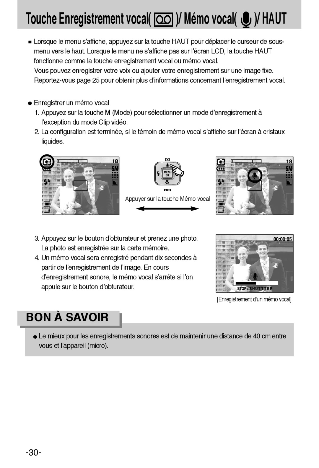 Samsung EC-A55WZSBB/E1, EC-A55WZBBA/E1 manual Touche Enregistrement vocal / Mémo vocal / Haut 