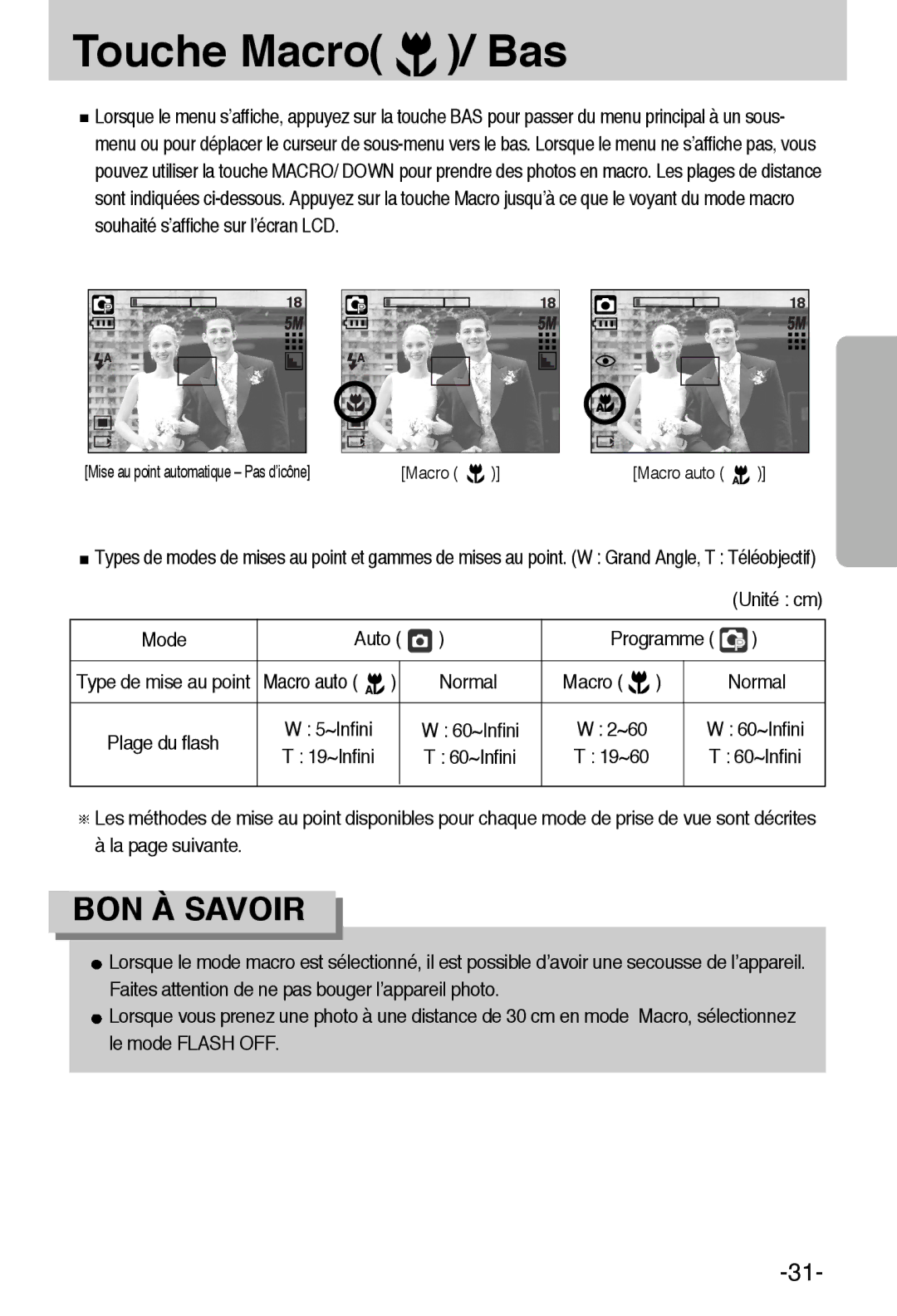 Samsung EC-A55WZBBA/E1, EC-A55WZSBB/E1 manual Touche Macro / Bas 