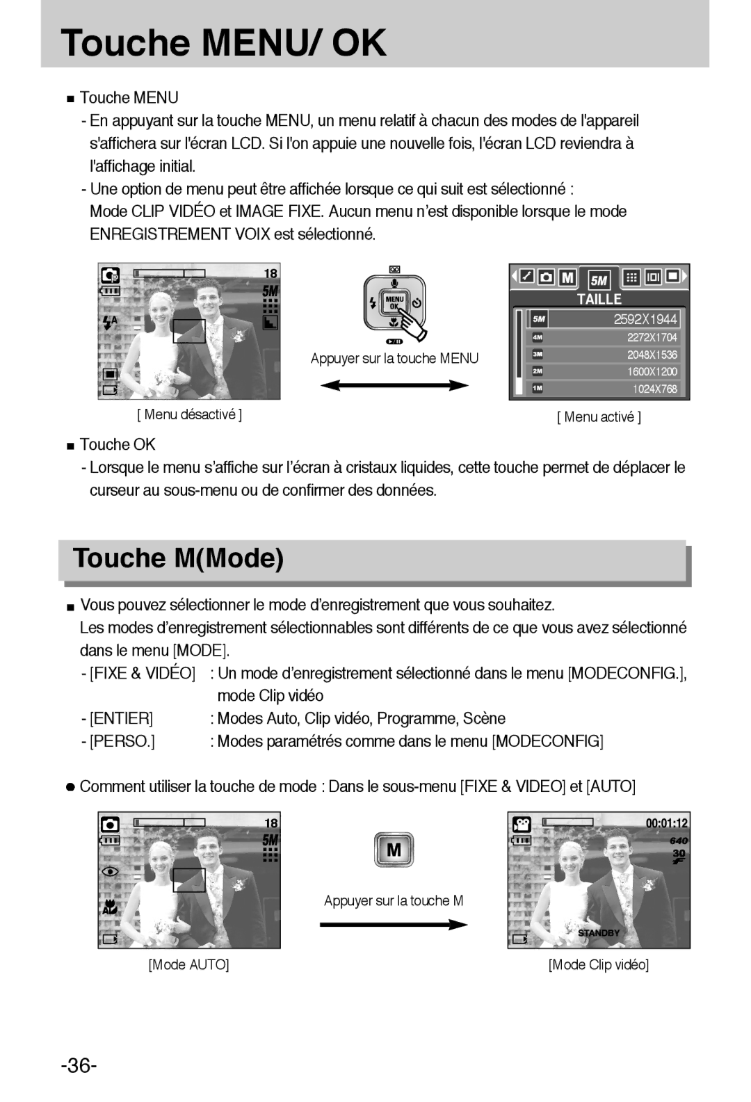 Samsung EC-A55WZSBB/E1, EC-A55WZBBA/E1 manual Touche MENU/ OK, Touche MMode, Fixe & Vidéo, Entier 