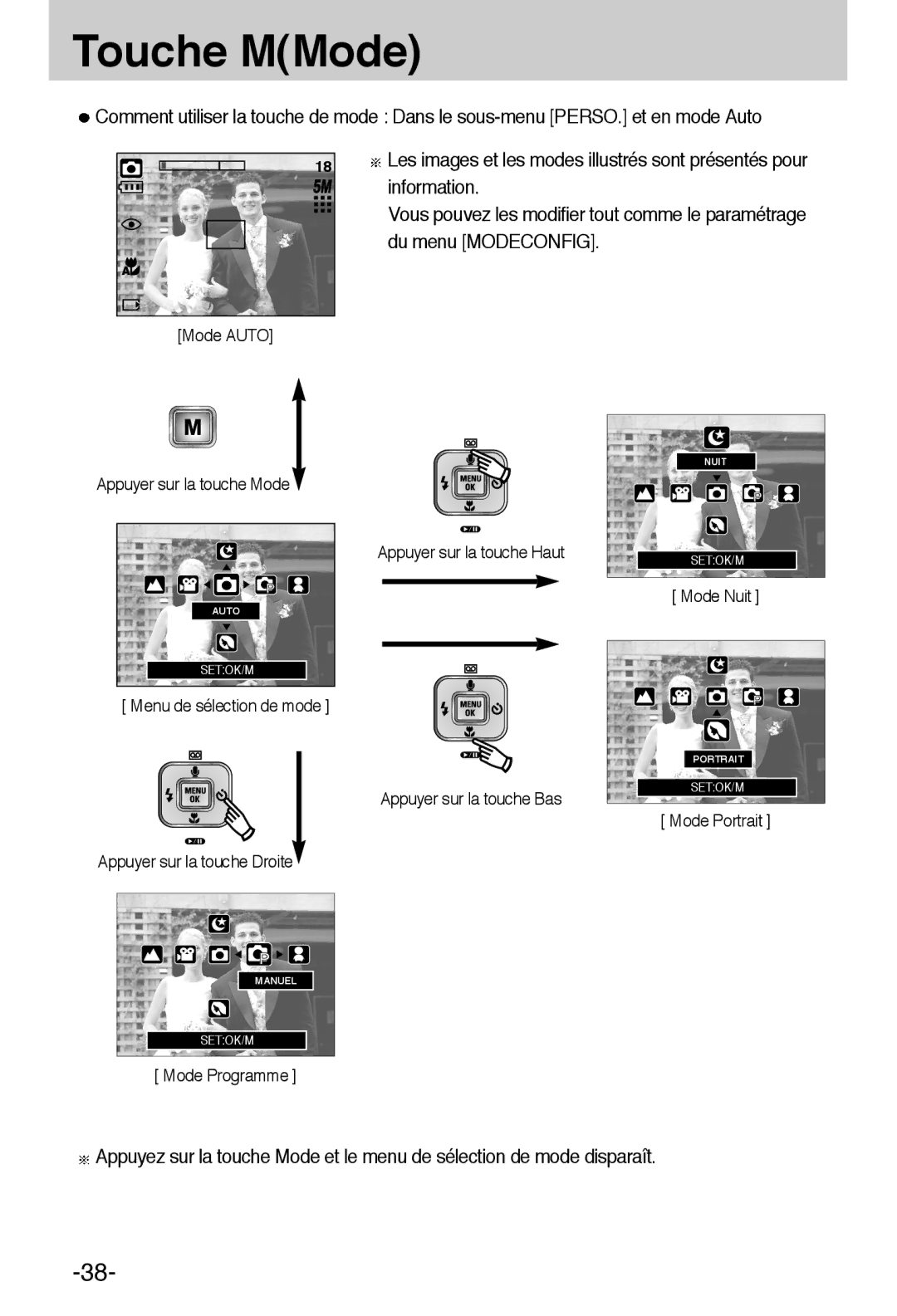 Samsung EC-A55WZSBB/E1, EC-A55WZBBA/E1 manual Menu de sélection de mode Appuyer sur la touche Haut 