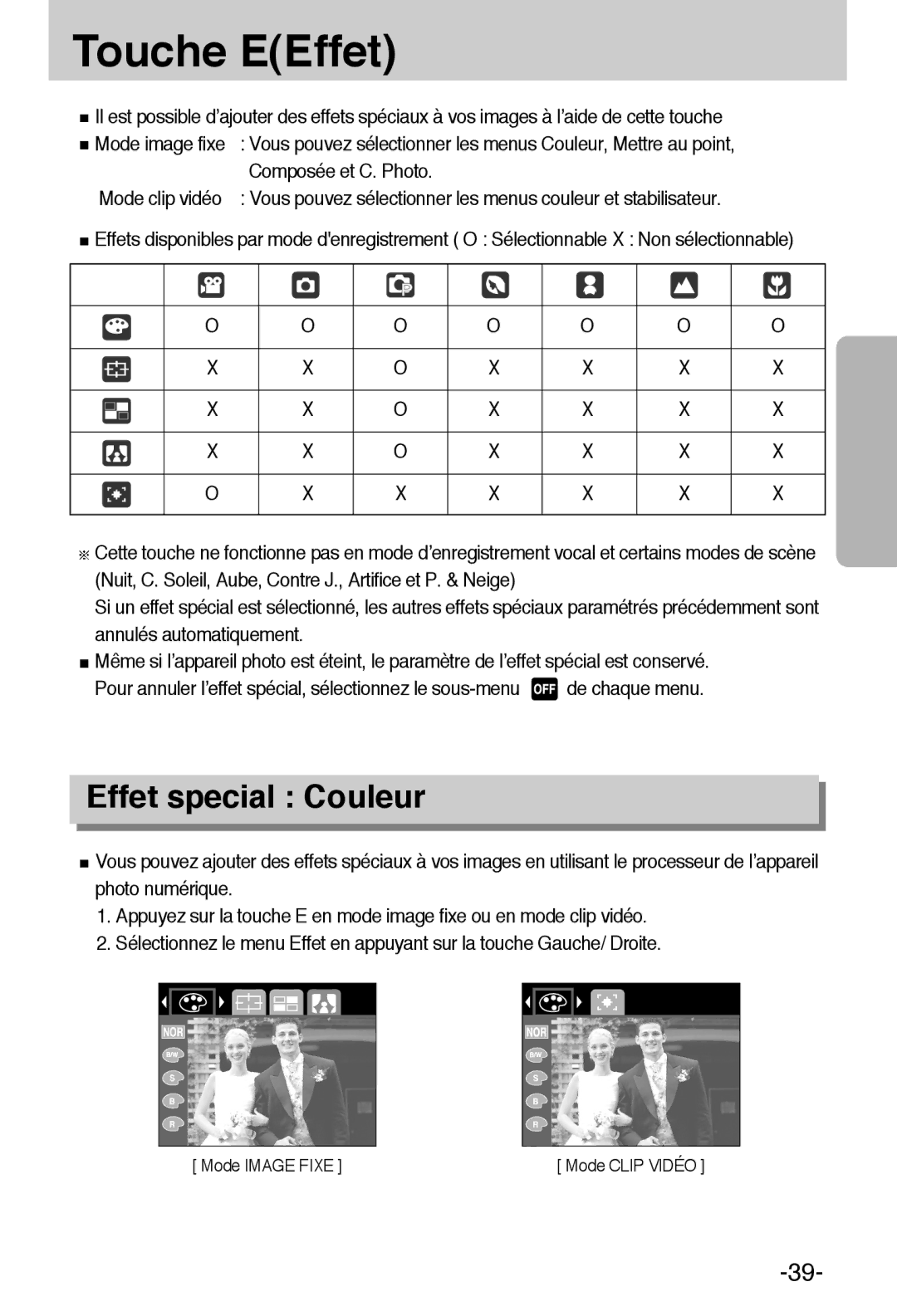 Samsung EC-A55WZBBA/E1, EC-A55WZSBB/E1 manual Touche EEffet, Effet special Couleur, Composée et C. Photo 