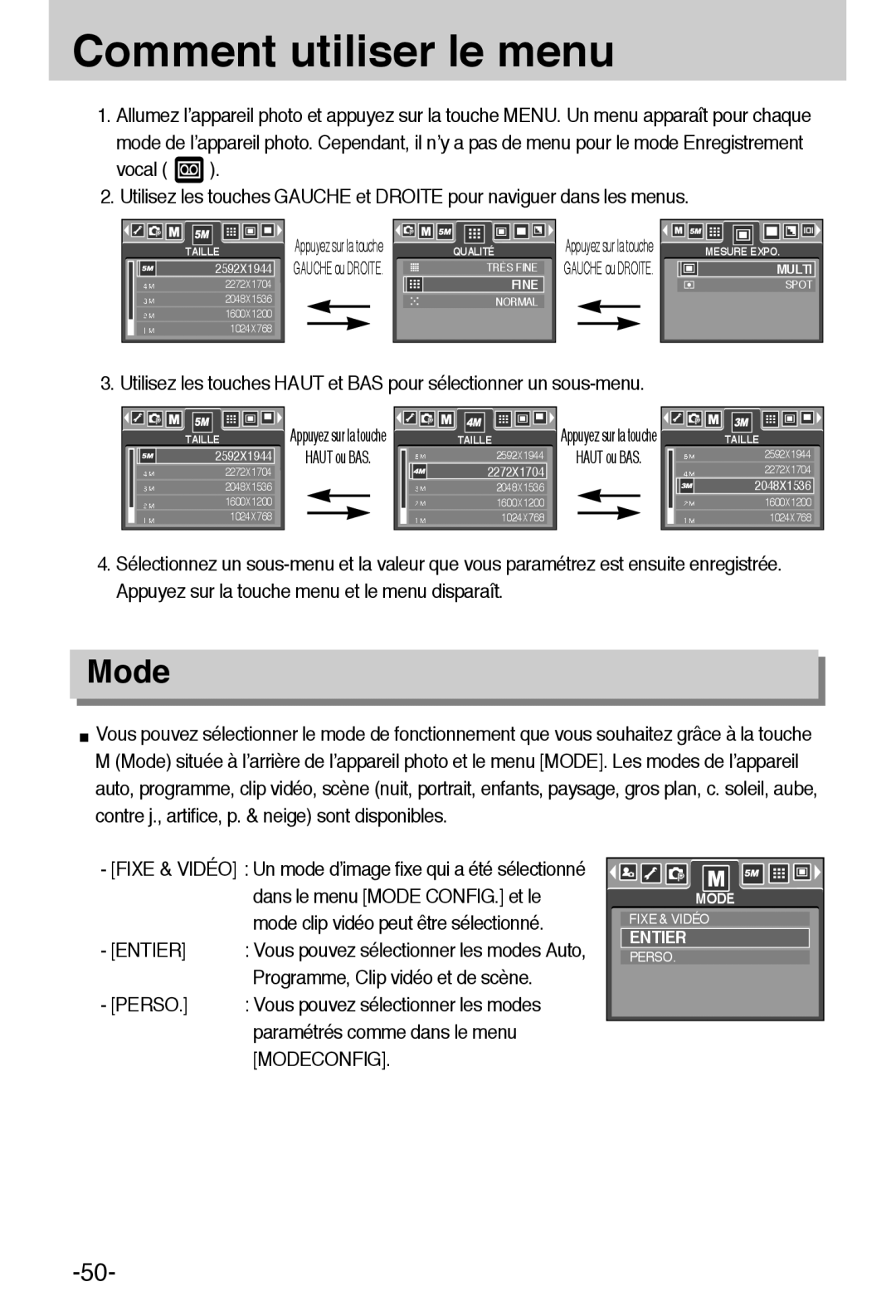 Samsung EC-A55WZSBB/E1, EC-A55WZBBA/E1 manual Comment utiliser le menu, Programme, Clip vidéo et de scène, Modeconfig 