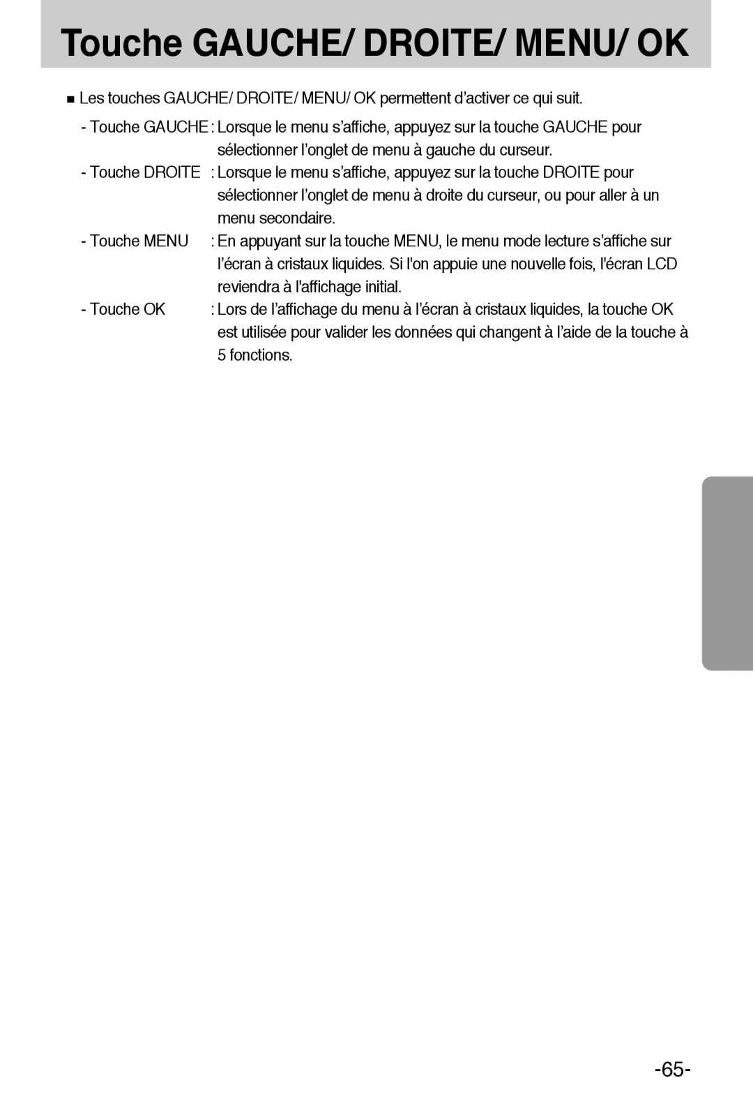 Samsung EC-A55WZBBA/E1 manual Touche GAUCHE/ DROITE/ MENU/ OK, Reviendra à laffichage initial, Touche OK, Fonctions 