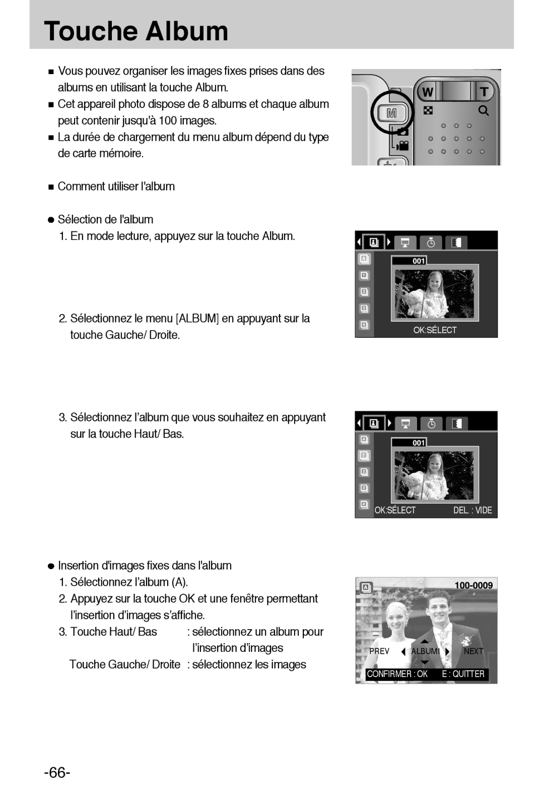 Samsung EC-A55WZSBB/E1, EC-A55WZBBA/E1 manual Touche Album, ’insertion d’images, Sélectionnez les images 