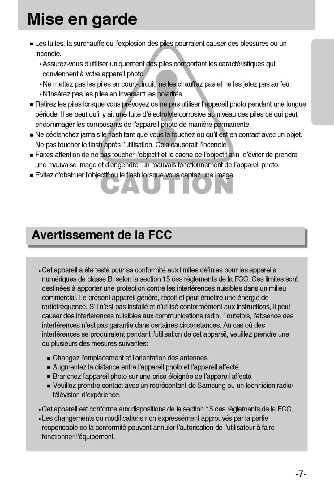 Samsung EC-A55WZBBA/E1, EC-A55WZSBB/E1 manual Mise en garde, Avertissement de la FCC 