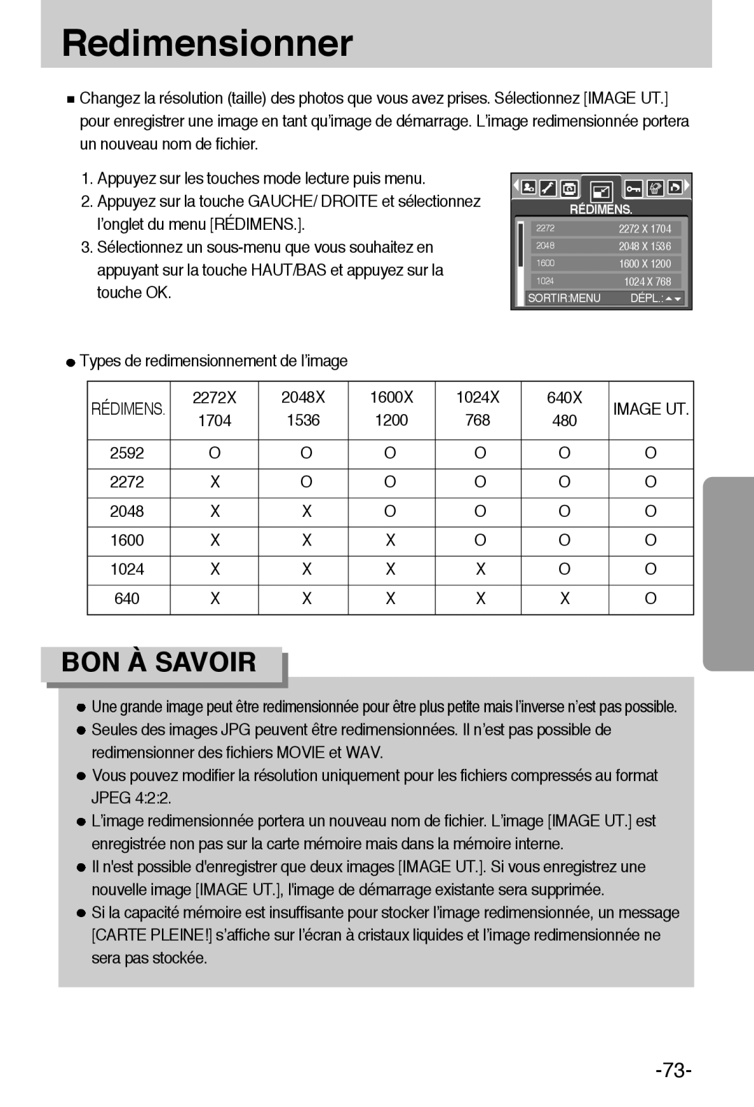 Samsung EC-A55WZBBA/E1 manual Redimensionner, Types de redimensionnement de l’image, 2272X 2048X 1600X 1024X 640X, Image UT 