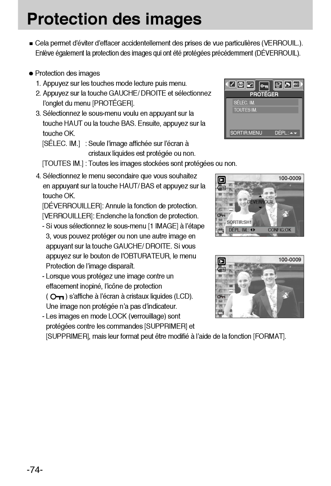 Samsung EC-A55WZSBB/E1 Protection des images, ’onglet du menu Protéger, Sélectionnez le sous-menu voulu en appuyant sur la 