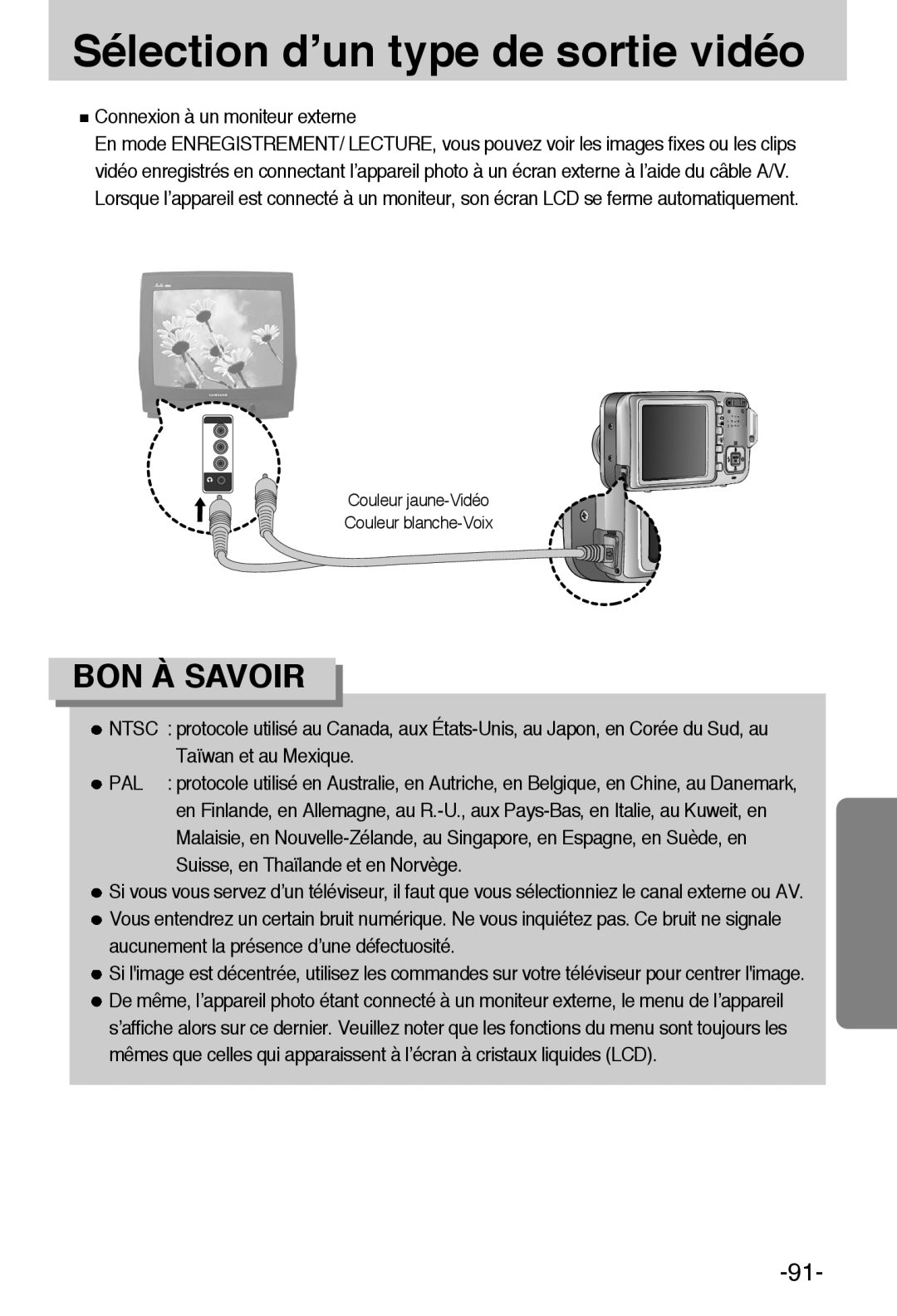 Samsung EC-A55WZBBA/E1, EC-A55WZSBB/E1 manual Sélection d’un type de sortie vidéo, Connexion à un moniteur externe 