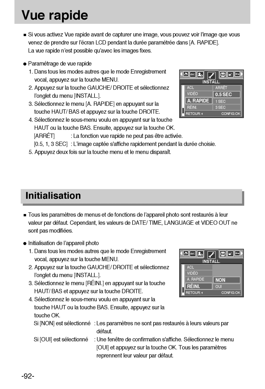 Samsung EC-A55WZSBB/E1, EC-A55WZBBA/E1 manual Vue rapide, Initialisation, Arrét 