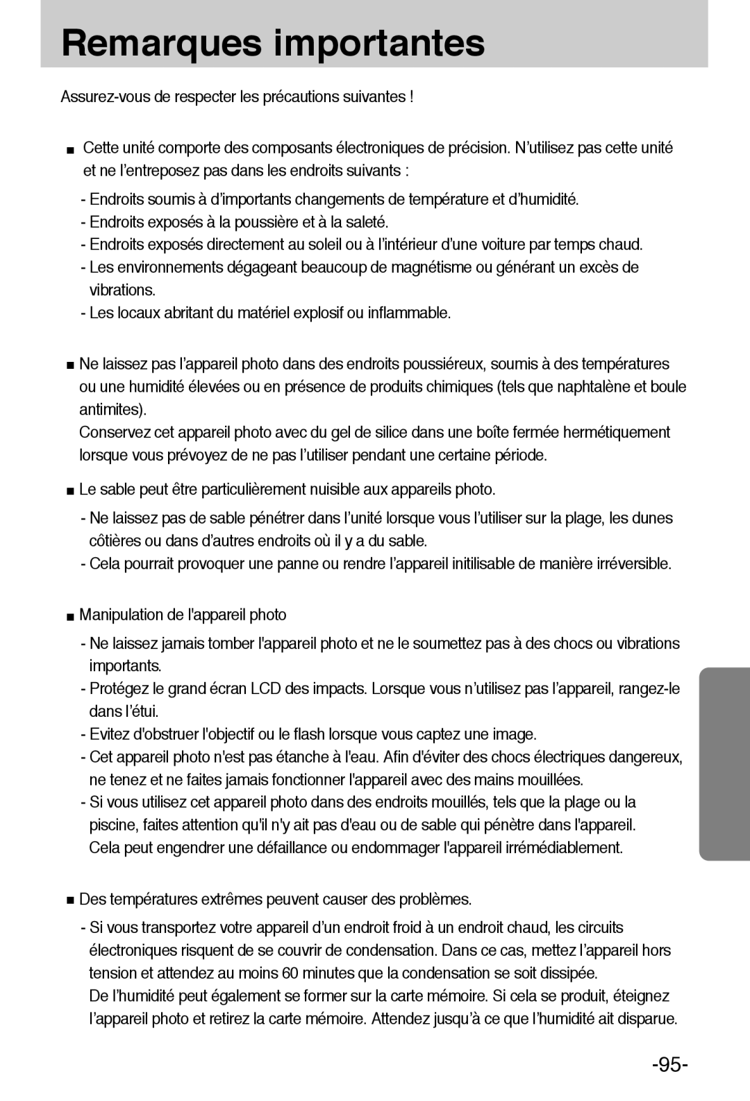 Samsung EC-A55WZBBA/E1, EC-A55WZSBB/E1 manual Remarques importantes, Des températures extrêmes peuvent causer des problèmes 