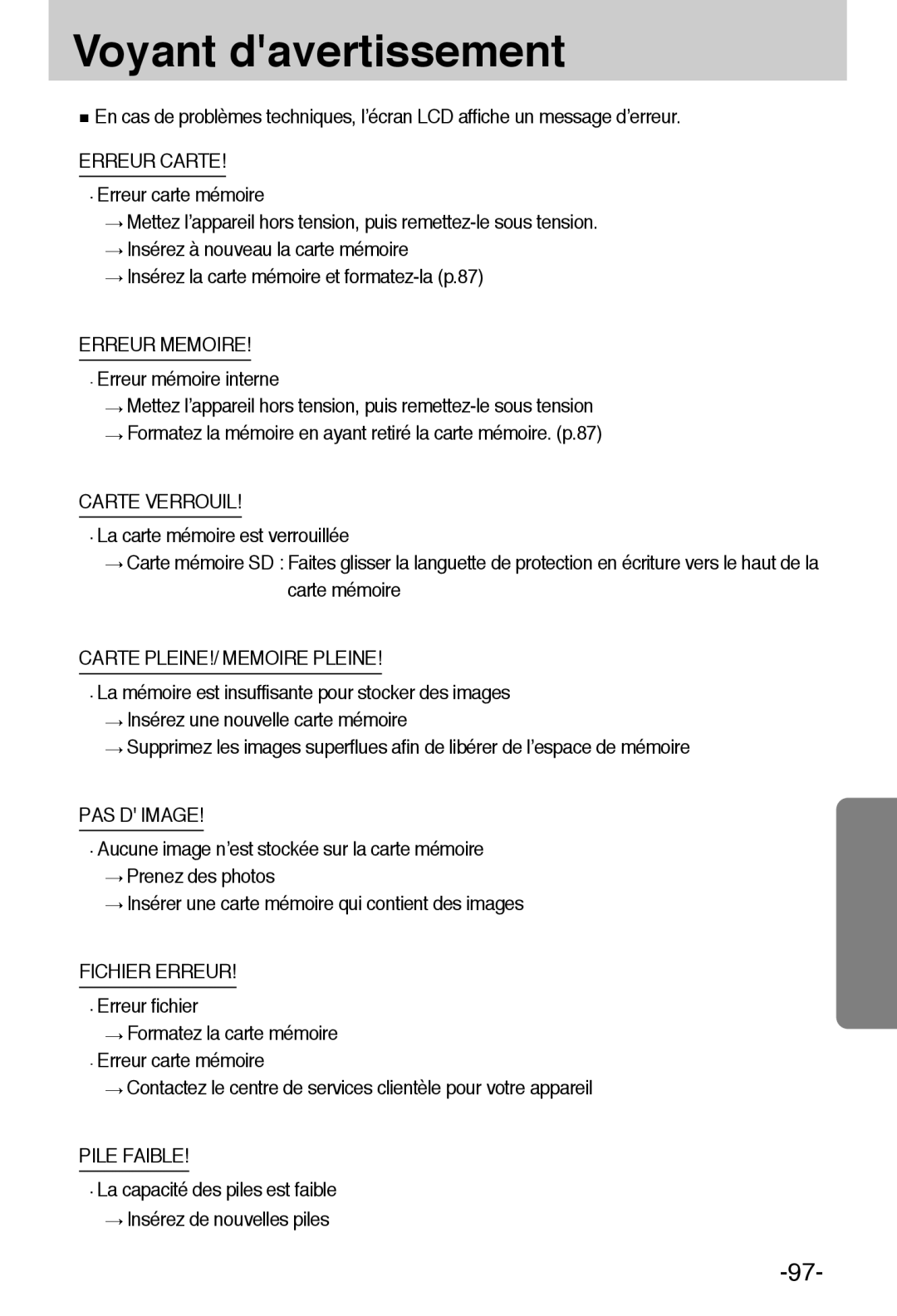 Samsung EC-A55WZBBA/E1, EC-A55WZSBB/E1 manual Voyant davertissement 