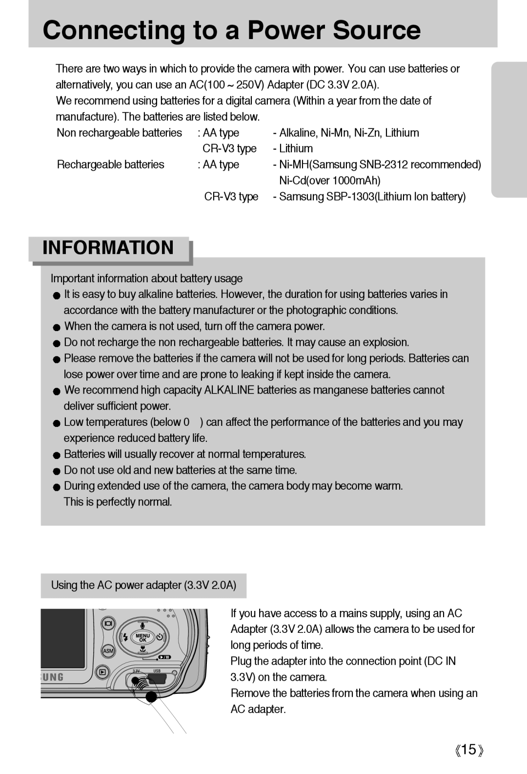 Samsung EC-A6ZZZSBA/US manual Connecting to a Power Source, Ni-Cdover 1000mAh, Important information about battery usage 