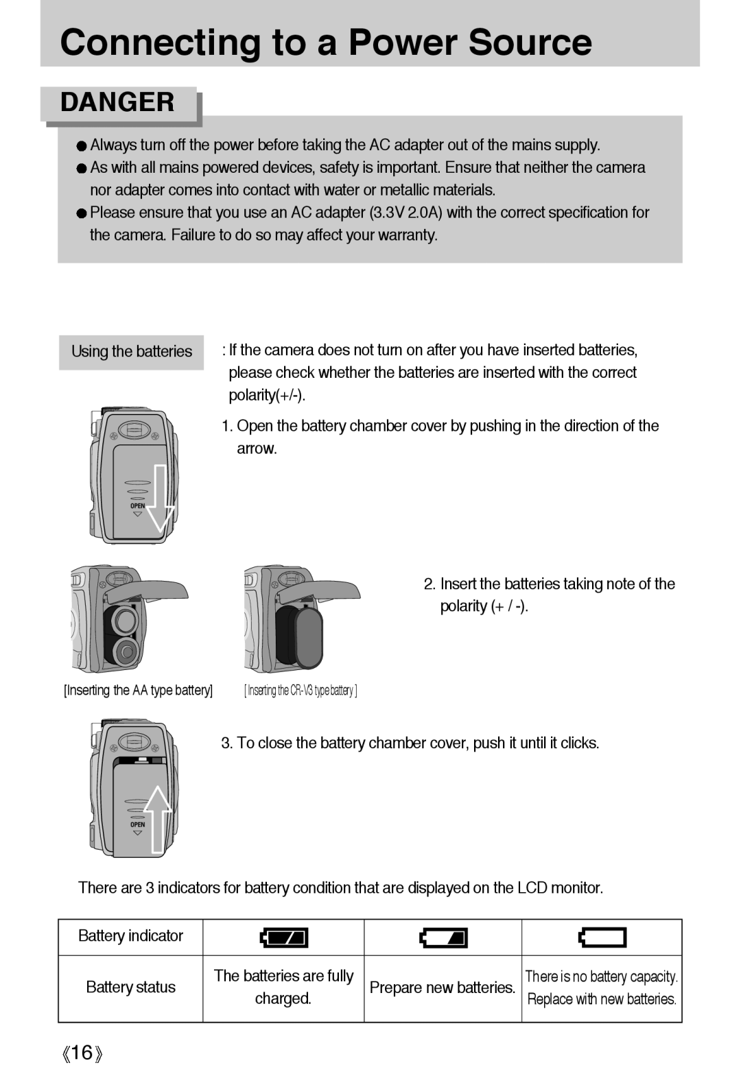 Samsung EC-A6ZZZSBA/E1, EC-A6ZZZSBB/US, EC-A6ZZZSAA Polarity+, Arrow, Insert the batteries taking note of the polarity + 