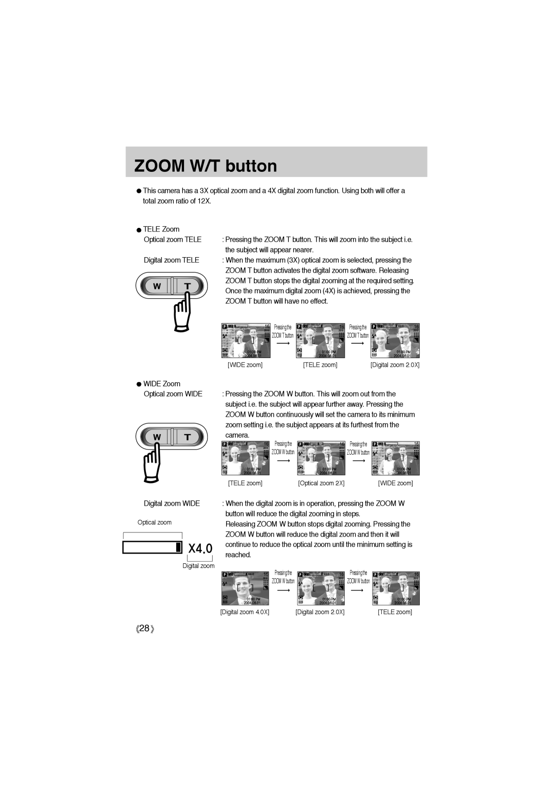 Samsung EC-A6ZZZSAD manual Zoom W/T button, Subject will appear nearer Digital zoom Tele, Zoom T button will have no effect 