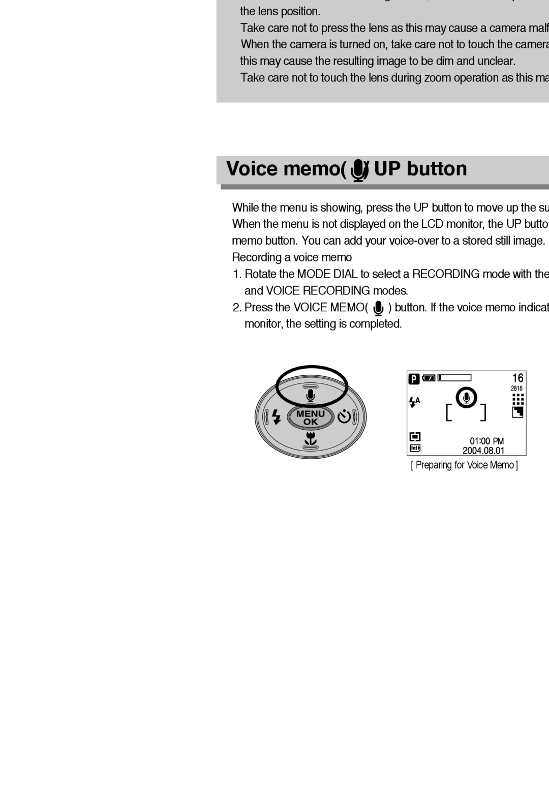 Samsung EC-A6ZZZSAC, EC-A6ZZZSBA/E1, EC-A6ZZZSBB/US, EC-A6ZZZSAA, EC-A6ZZZSAB, EC-A6ZZZSAD manual Voice memo / UP button 