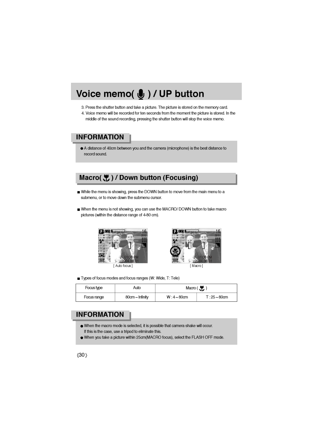 Samsung EC-A6ZZZSBC/US, EC-A6ZZZSBA/E1, EC-A6ZZZSAA Voice memo / UP button, Macro / Down button Focusing, ~ 80cm 25 ~ 80cm 