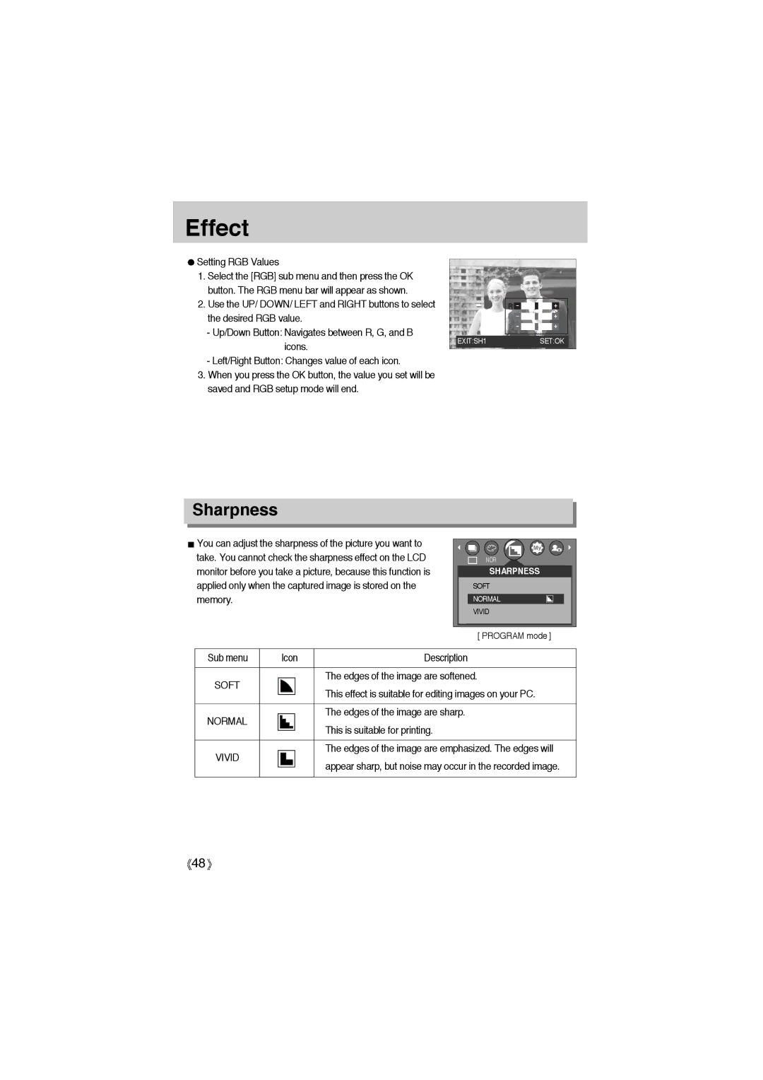 Samsung EC-A6ZZZSBA/E1, EC-A6ZZZSBB/US, EC-A6ZZZSAA, EC-A6ZZZSAB, EC-A6ZZZSAD, EC-A6ZZZSAC manual Effect, Sharpness, Soft, Vivid 